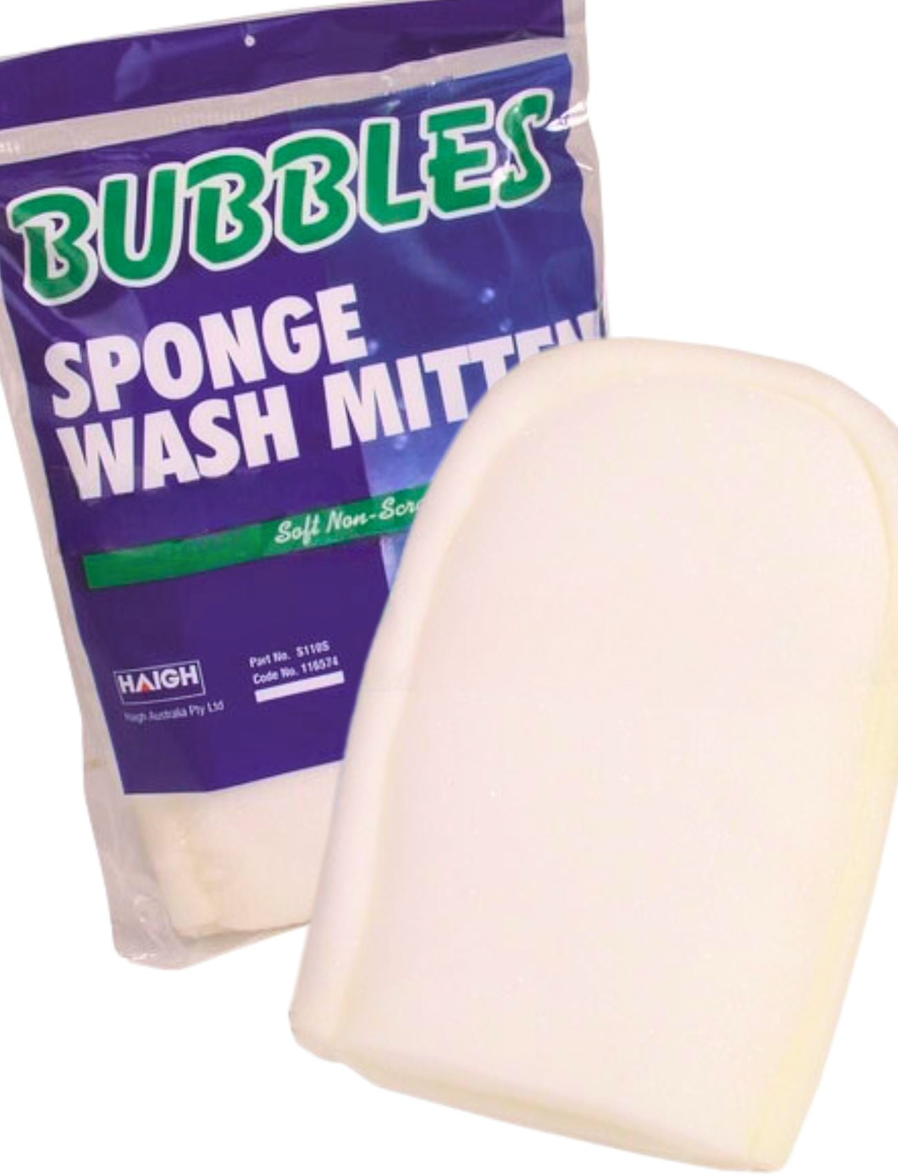 A Sunland-Protection BUBBLES - SPONGE WASH MITTEN, ideal for car washes, is displayed before its blue and green packaging, featuring the name prominently.