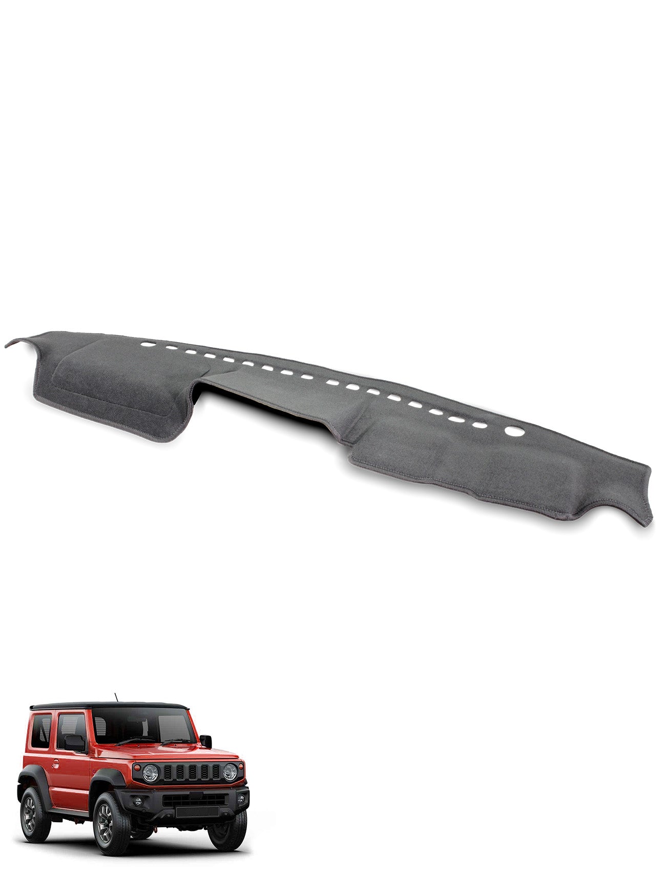 A Sunland-Protection Suzuki Jimny JB74 Dash Mat with vents is shown above a small red SUV on a white background, emphasizing its Australian-made quality and effective glare-blocking design.