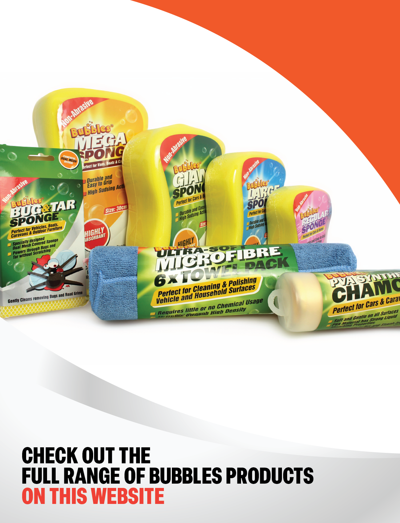 A Sunland-Protection CHAMOIS SYNTHETIC PVA 43 x 32cm, along with sponges and a microfiber cloth for streak-free cleaning, is displayed on a white surface. Text below: “Check out the full range of Bubbles products on this website.”.
