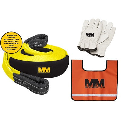 The Mean Mother Snatch Strap 11,000kg Safety Bundle from Mean Mother 4x4 features a yellow and black recovery strap crafted from high tenacity nylon webbing, prominently displaying the "MM" logo. Also included are a pair of white gloves and an orange safety vest, both decorated with the same emblem, all showcased against a pristine white background.