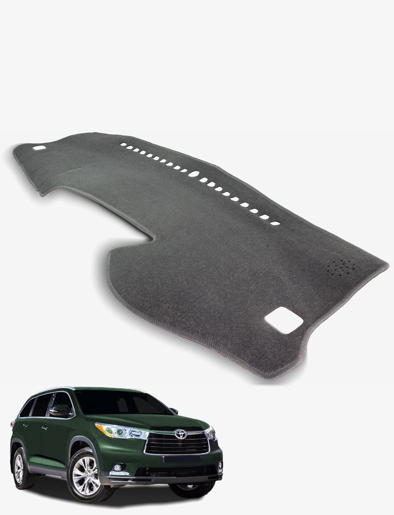 A Sunland-Protection Toyota Kluger Dash Mat is shown over a green Toyota Highlander SUV, with vent cutouts for airflow. It helps reduce windscreen fogging and protects your vehicle's resale value.
