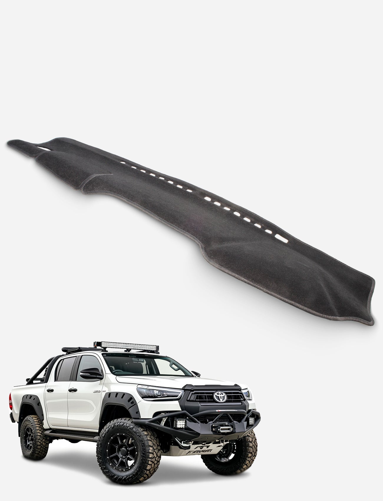 A Sunland-Protection Toyota Hilux Dash Mat in black is shown above a customized white Hilux with off-road tires, black accents, roof rack, and bull bar. This dash mat keeps your Hilux cooler and helps preserve its resale value.