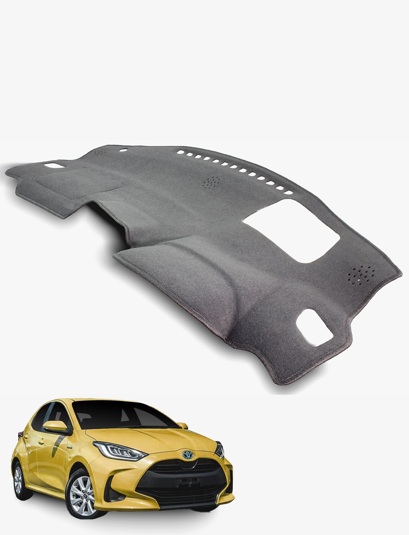 The Sunland-Protection Toyota Yaris XPA10/XPH10 Dash Mat in black, shown above a yellow Yaris hatchback on a white background, features cutouts for glare reduction and helps protect your vehicle’s resale value.