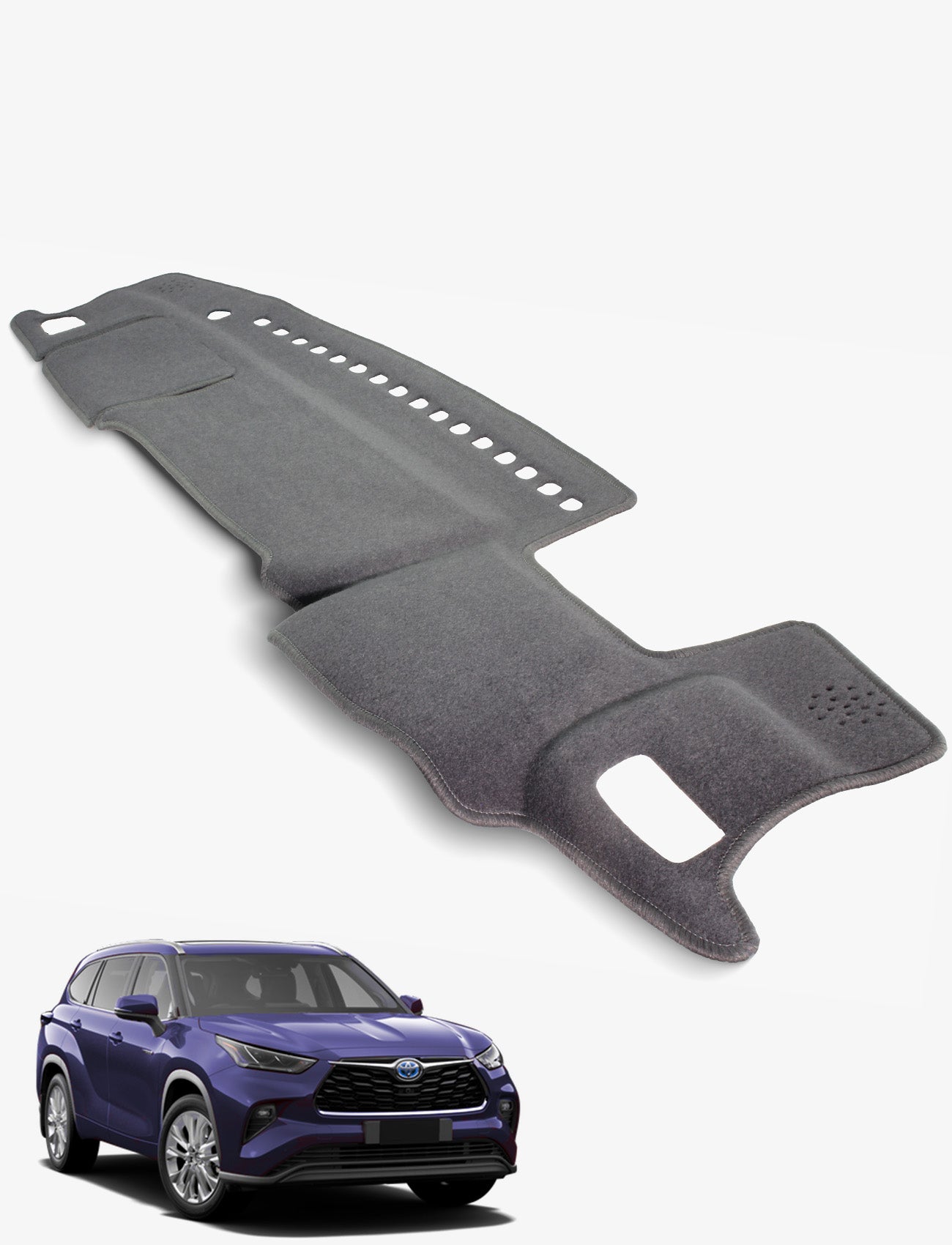 A gray Sunland-Protection Toyota Kluger Dash Mat is shown on a white background, with a purple Toyota SUV below for reference. This airbag-safe accessory protects your dashboard and resale value from harsh sunlight.