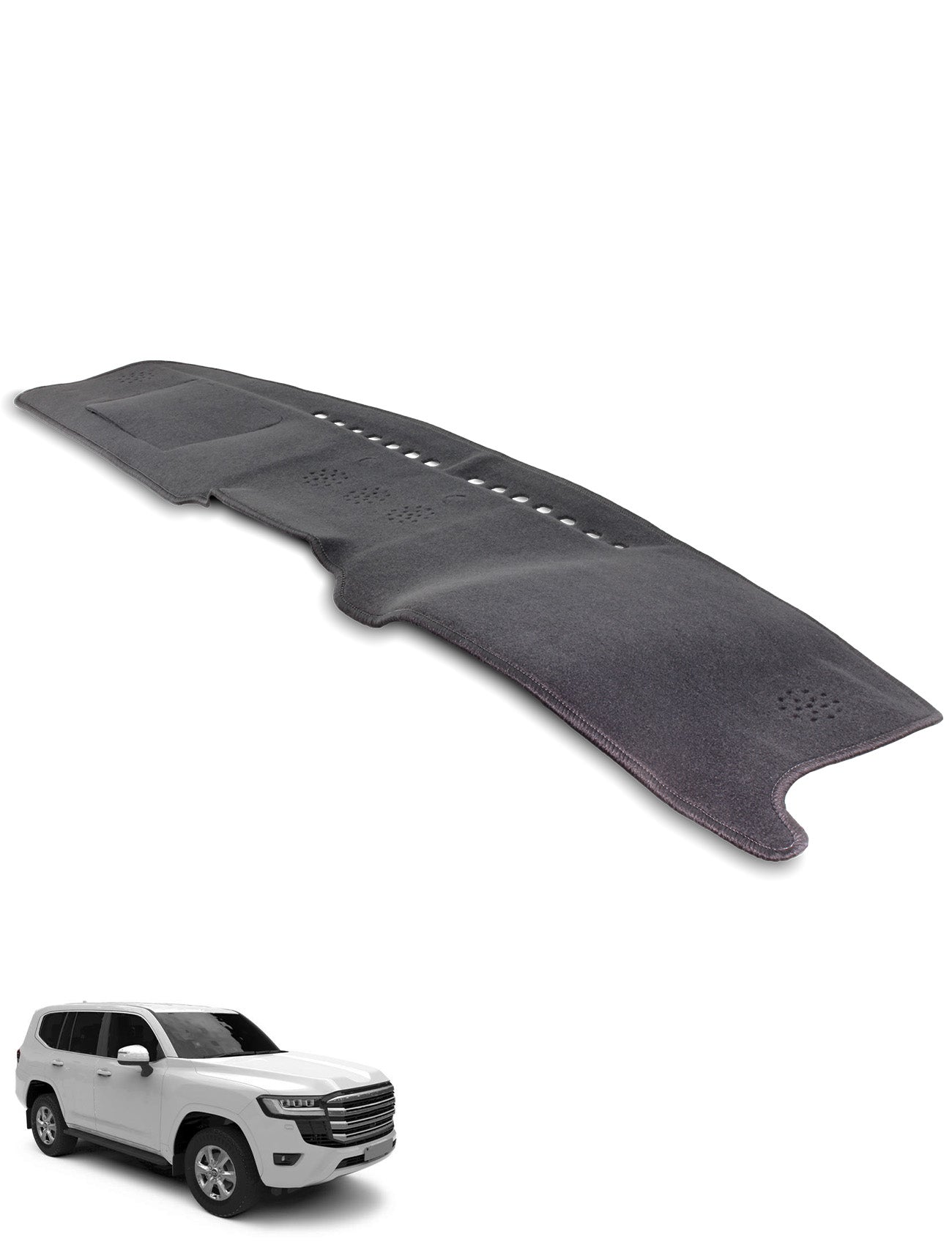 A Sunland-Protection Toyota Landcruiser 300 Series Dash Mat in black is shown above a white Landcruiser 300 Series, viewed from the front left. The mat offers precision fit and protects the dash of the vehicle below.