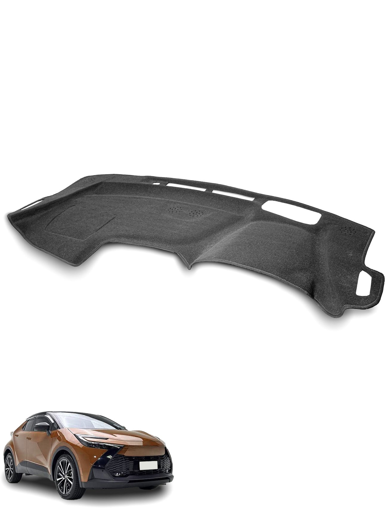 The Sunland-Protection Toyota C-HR Dash Mat ZYX20R/MAXH25R (HUD) is shown above a brown crossover SUV with black accents. This black mat has cutouts for vents and controls, ensuring a perfect fit for your C-HR.