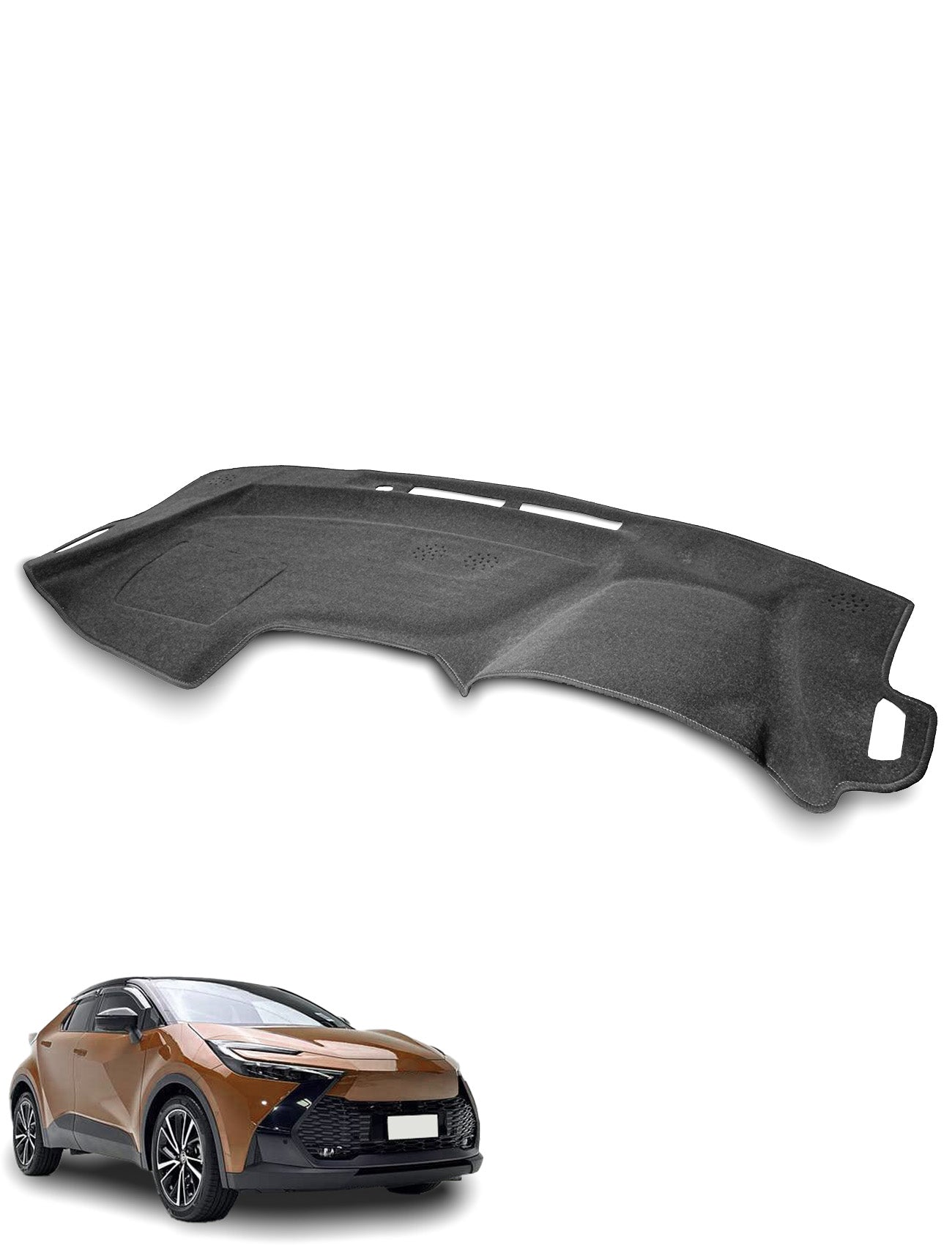 A Sunland-Protection Toyota C HR Dash Mat ZYX20R/MAXH25R in black is displayed above a brown modern crossover SUV, shown from the front left angle on a white background.