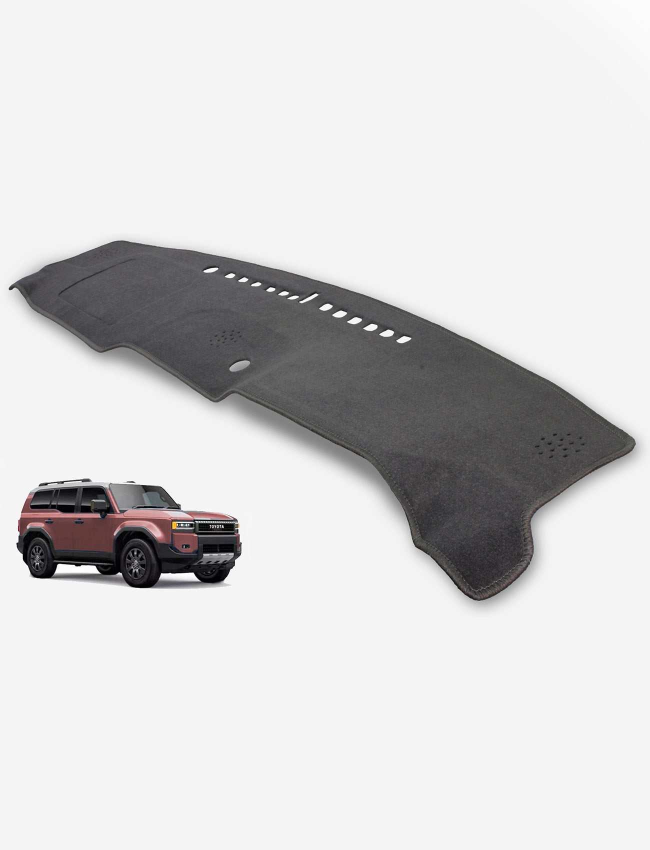 A Sunland-Protection Toyota Prado J250 Series Dash Mat is shown above and to the right of a red and black SUV on a plain white background, helping keep your vehicle cool and protecting its resale value.