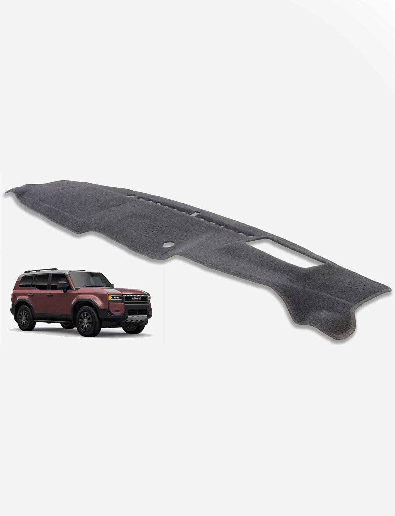 The Sunland-Protection Toyota Prado J250 Series Dash Mat is shown on a plain background. It's a custom-fit black cover that keeps your vehicle cool and features a small image of an off-road vehicle. This dash mat helps preserve interior quality and protect resale value.