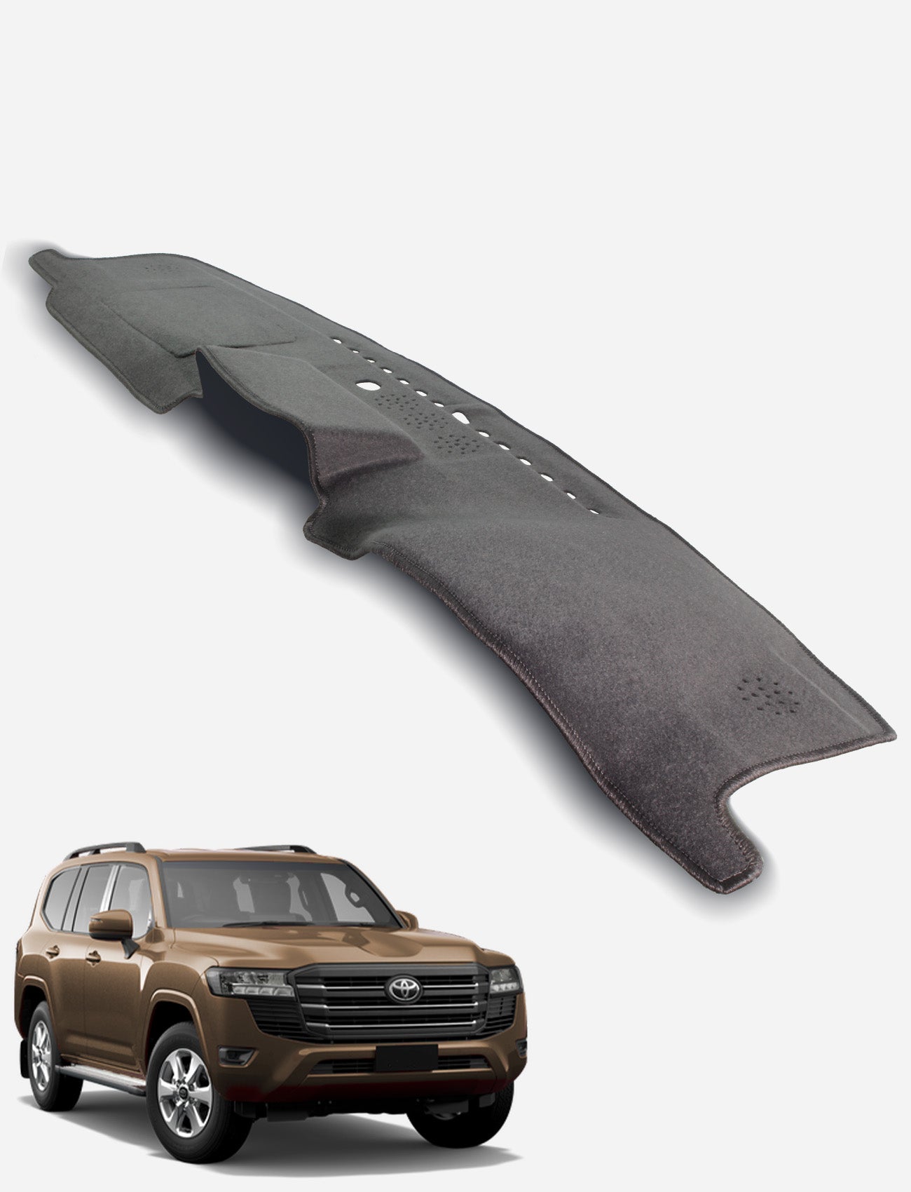 A Toyota Landcruiser 300 Series SUV is parked with a Sunland-Protection Dash Mat—a black, contoured dashboard cover—displayed above it on a white background to keep your vehicle cool and maintain resale value.