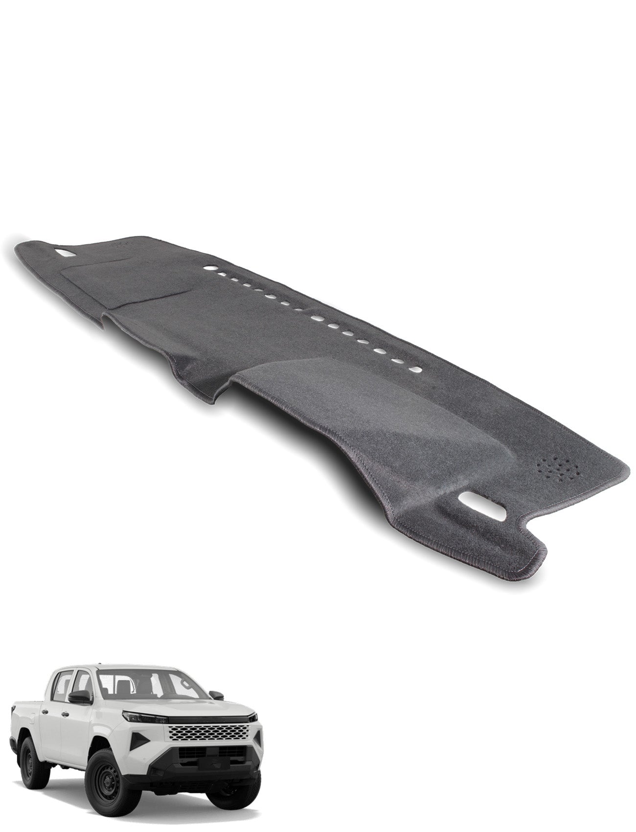 The Sunland-Protection Toyota Hilux Dash Mat GN22/23/27 in black is shown above a white pickup, designed for the model below. It offers UV protection to reduce dash glare and fits Toyota Hilux GN22/23/27.