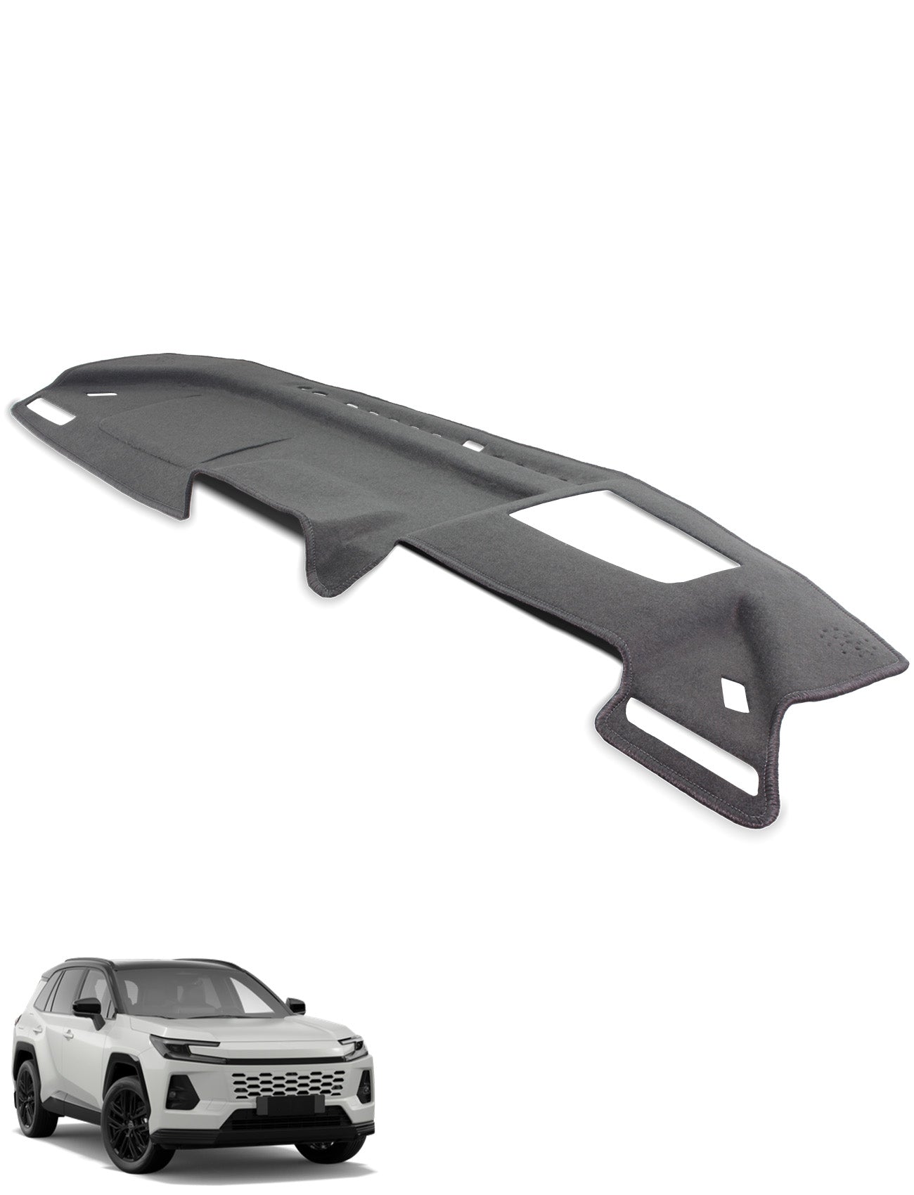 The Sunland-Protection Toyota RAV4 GEN 6 Dash Mat (HUD) in black is shown on a white background above a white SUV with black wheels, viewed from the front, providing UV protection to keep your car interior cooler.