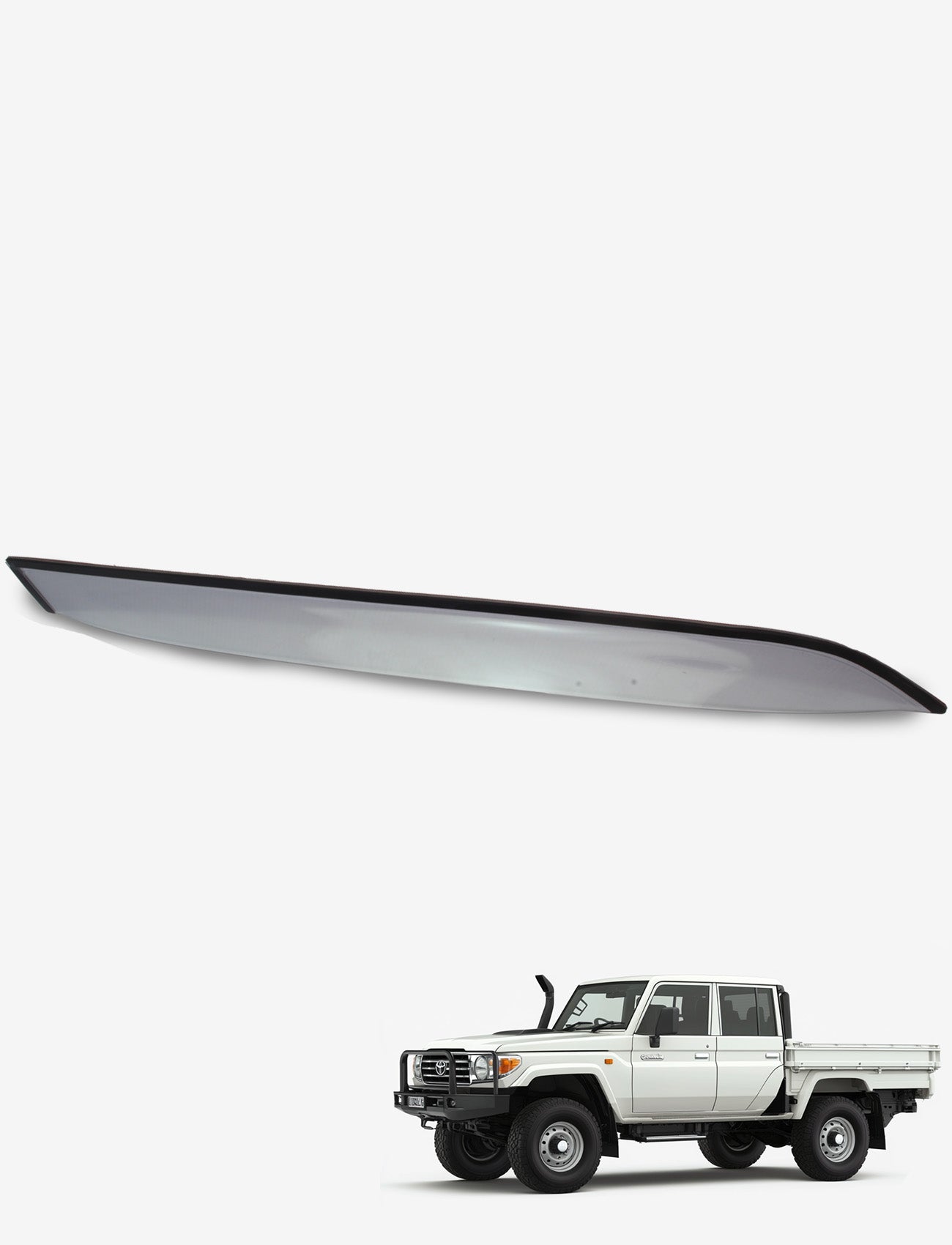 A white pickup with off-road features, Sunland Protective Plastics' custom-moulded weathershields in a sleek rearview mirror display is parked below, featuring UV stable acrylic fixtures on a plain background.