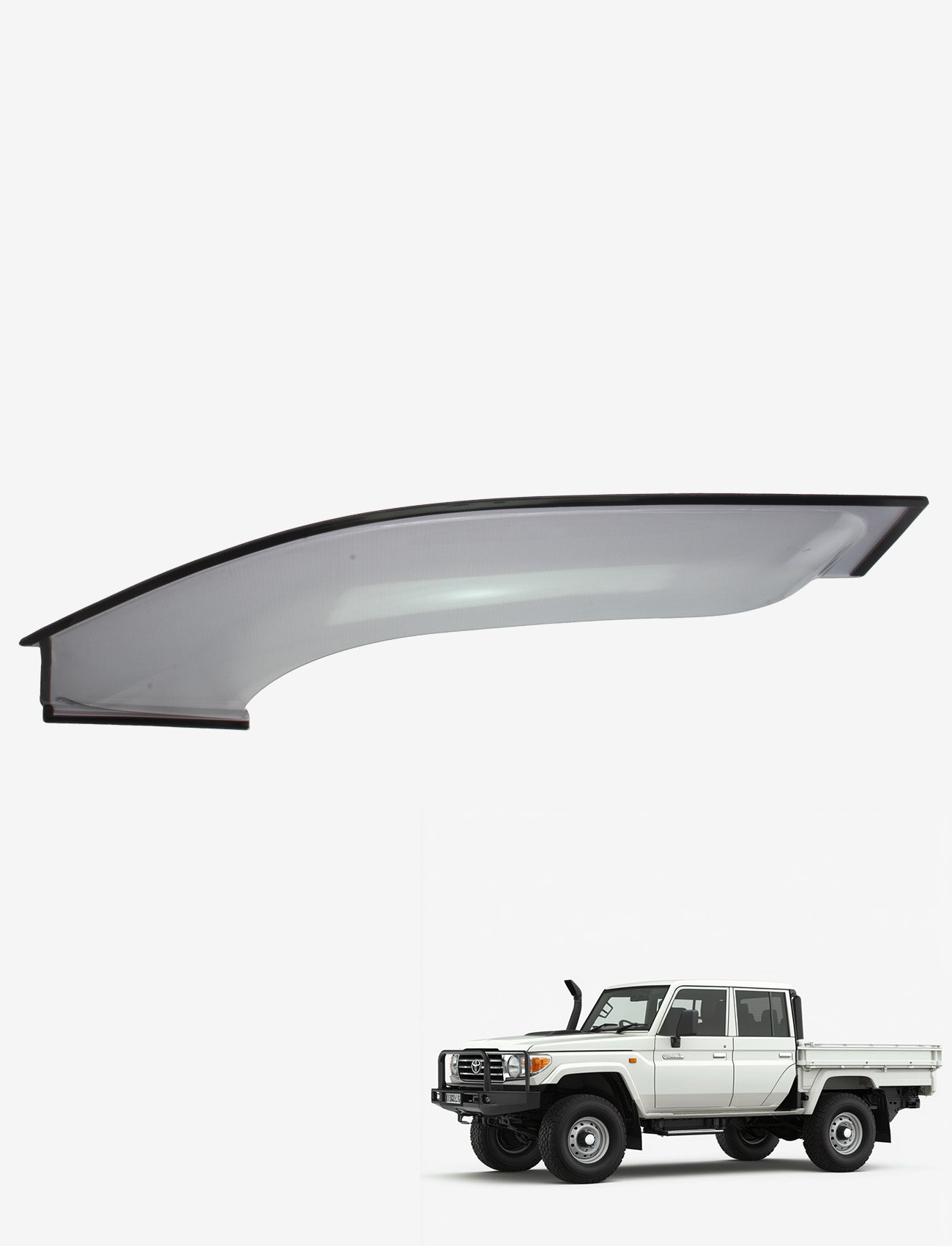 A Toyota Landcruiser 70 Series Dual cab with a snorkel and flatbed is showcased next to a Sunland Protective Plastics Weathershield Light Tint accessory made from UV stable acrylic on a plain white background.