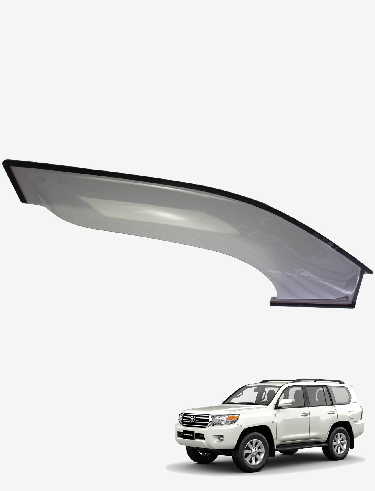 The Sunland Protective Plastics Weathershield Fullsize Light Tint for the Toyota Prado 150 Series (11/2009-On) is shown above a white SUV image. Its custom-moulded design and UV-stable acrylic ensure perfect fit, durability, and style.