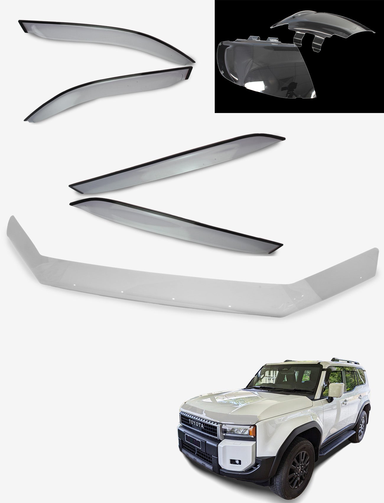 The Toyota Prado 250 Series Weathershields, Bonnet Protector & Headlight Protectors Bundle by Sunland Protective Plastics is shown on a white Toyota SUV, with a close-up inset highlighting the custom-moulded visors.