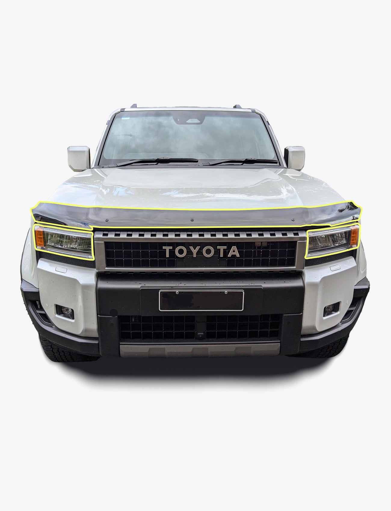 Front view of a Toyota Prado 250 Series fitted with Sunland Protective Plastics Weathershields, Bonnet Protector, and Headlight Protectors. Yellow lines highlight the UV-stable acrylic edging of the custom-moulded headlight protectors.