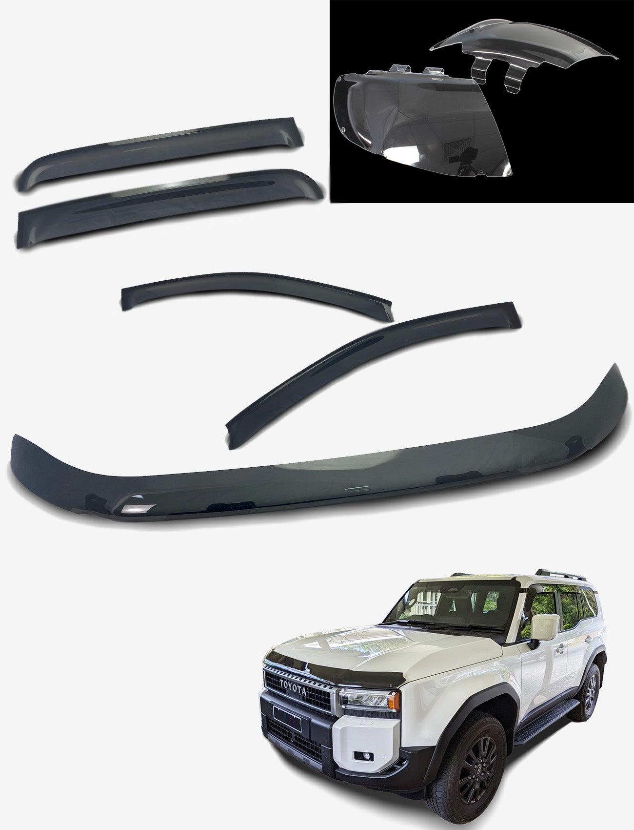 The Sunland Protective Plastics Toyota Prado 250 Series Weathershields, Bonnet Protector, and Headlight Protectors Bundle is shown above a white SUV, indicating these accessories are designed for a perfect fit.