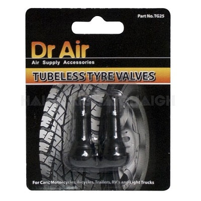 The packaging of Dr Air's Tyre Valves - Standard features two tubeless tyre valves displayed against a tire background. The text emphasizes their suitability for cars, motorcycles, bicycles, trailers, RVs, and light trucks. Part No. TG25 is clearly shown at the top.