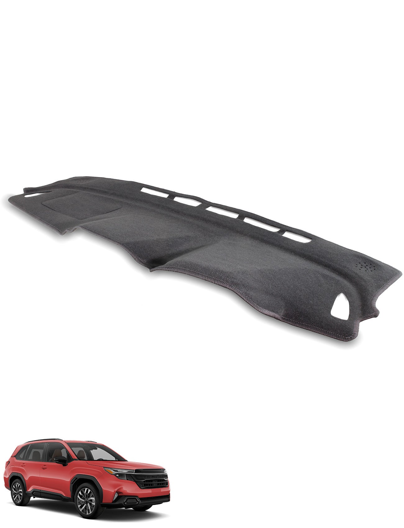 A Sunland-Protection Subaru Forester Dash Mat S6 in black is displayed above a red SUV, angled left on a white background, emphasizing dash protection and anti-glare features.