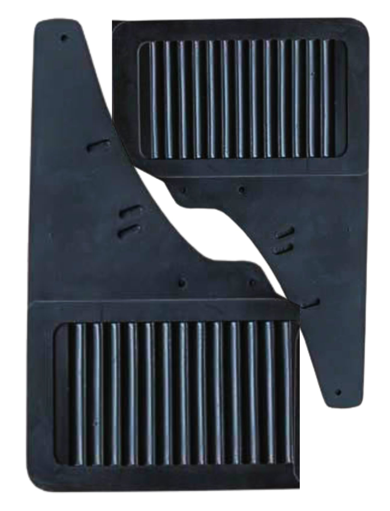 The Sunland-Protection Universal Set mud flaps, measuring 210 x 330mm, feature two black rubber pieces with vertical ridges on the lower section. One is set vertically while the other is horizontal, overlapping slightly at the corners, showcasing a simple and utilitarian design.