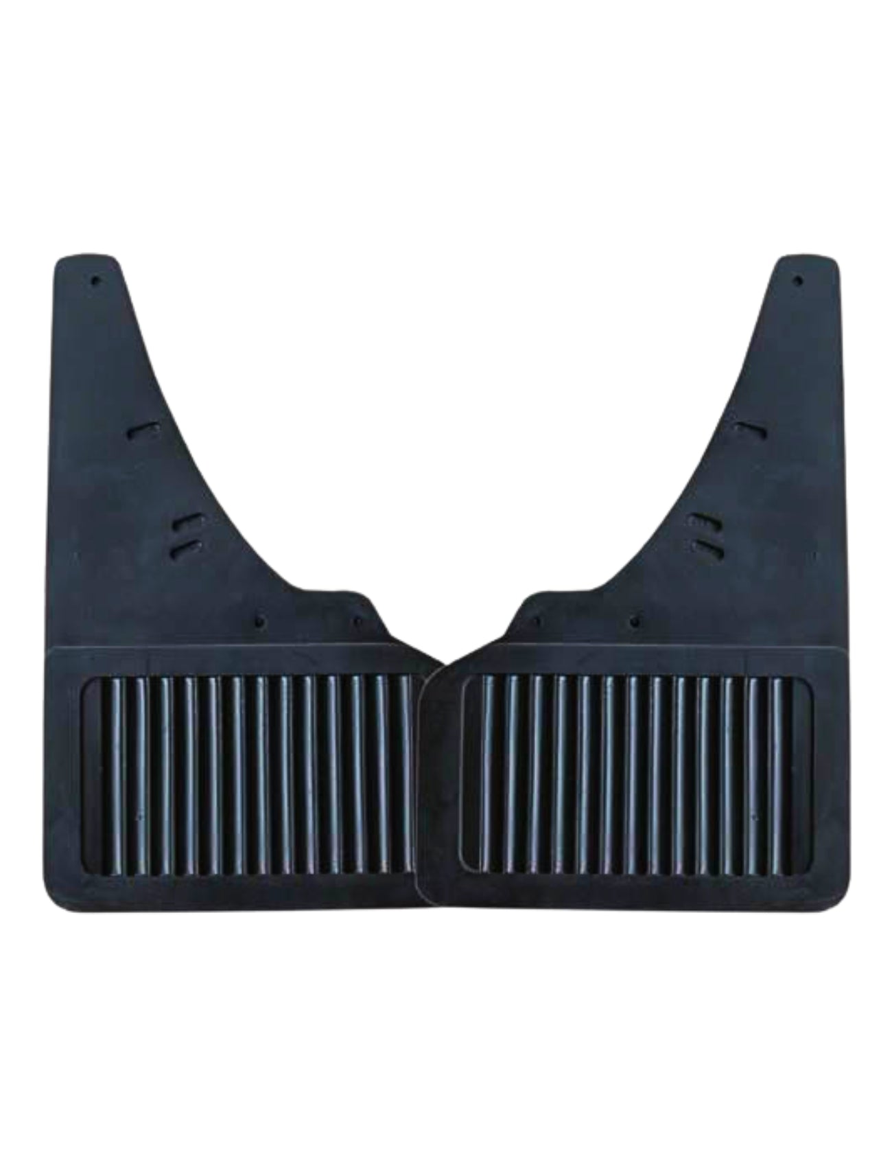 A pair of Sunland-Protection black rubber mudflaps, model UNIVERSAL SET 210 x 330mm, with a grooved design, arranged side by side on a white background.