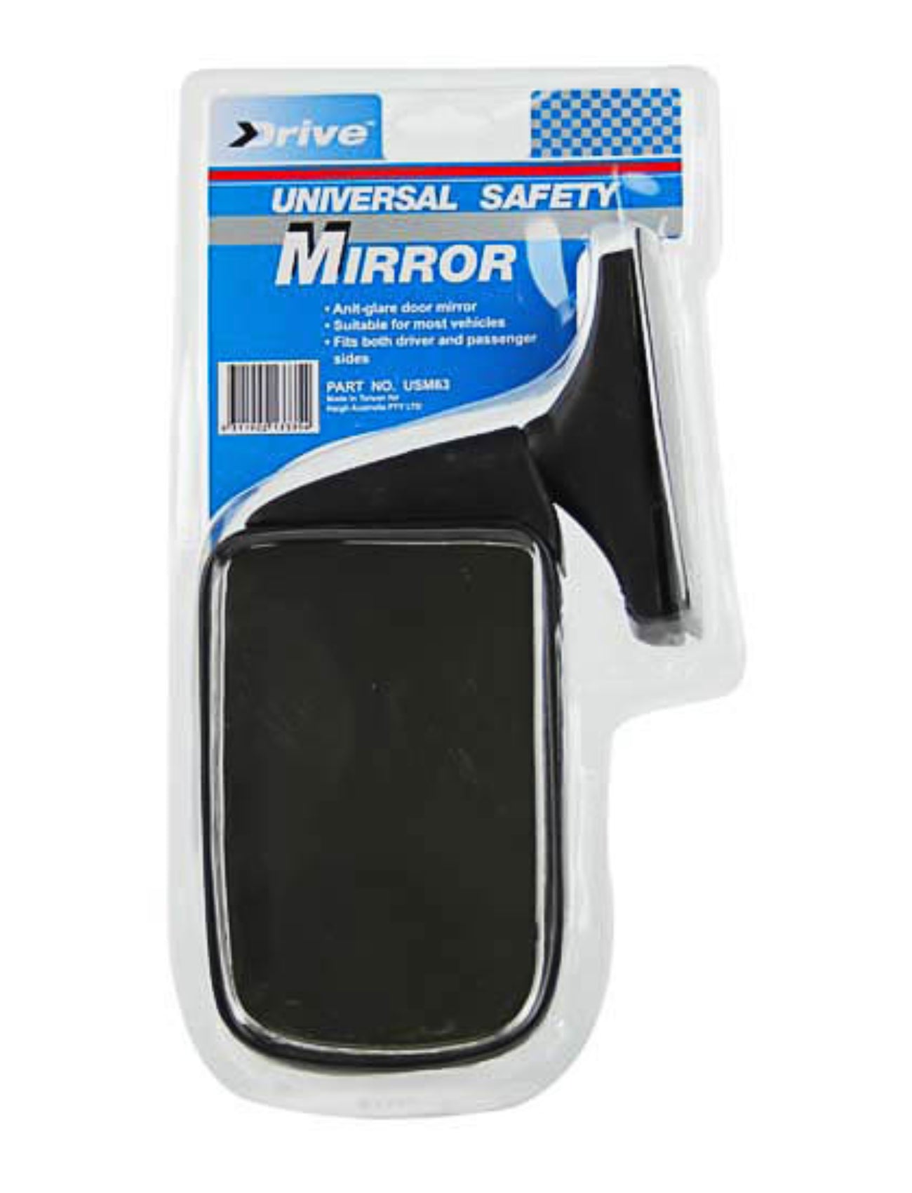 The packaging features a Sunland-Protection Universal Door Mirror with a matte black rectangular surface and sturdy support arm. It highlights fitting details, anti-glare technology, and compatibility with most vehicle models, making it an ideal side mirror replacement.