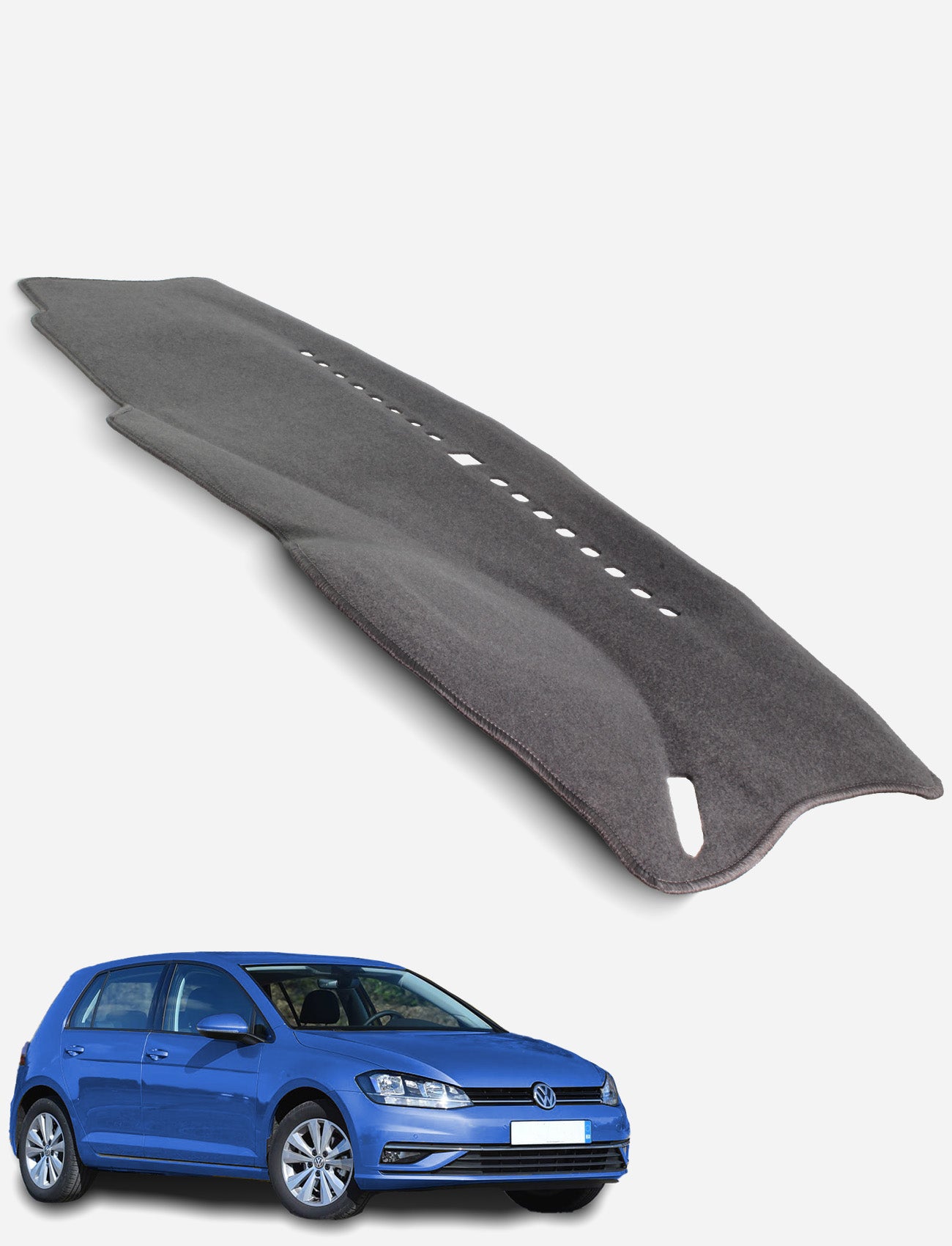 A Sunland-Protection Volkswagen Golf Gen 7 Dash Mat in gray is shown above a blue Volkswagen Golf hatchback, viewed from the front-side on a plain white background, designed to help protect resale value.