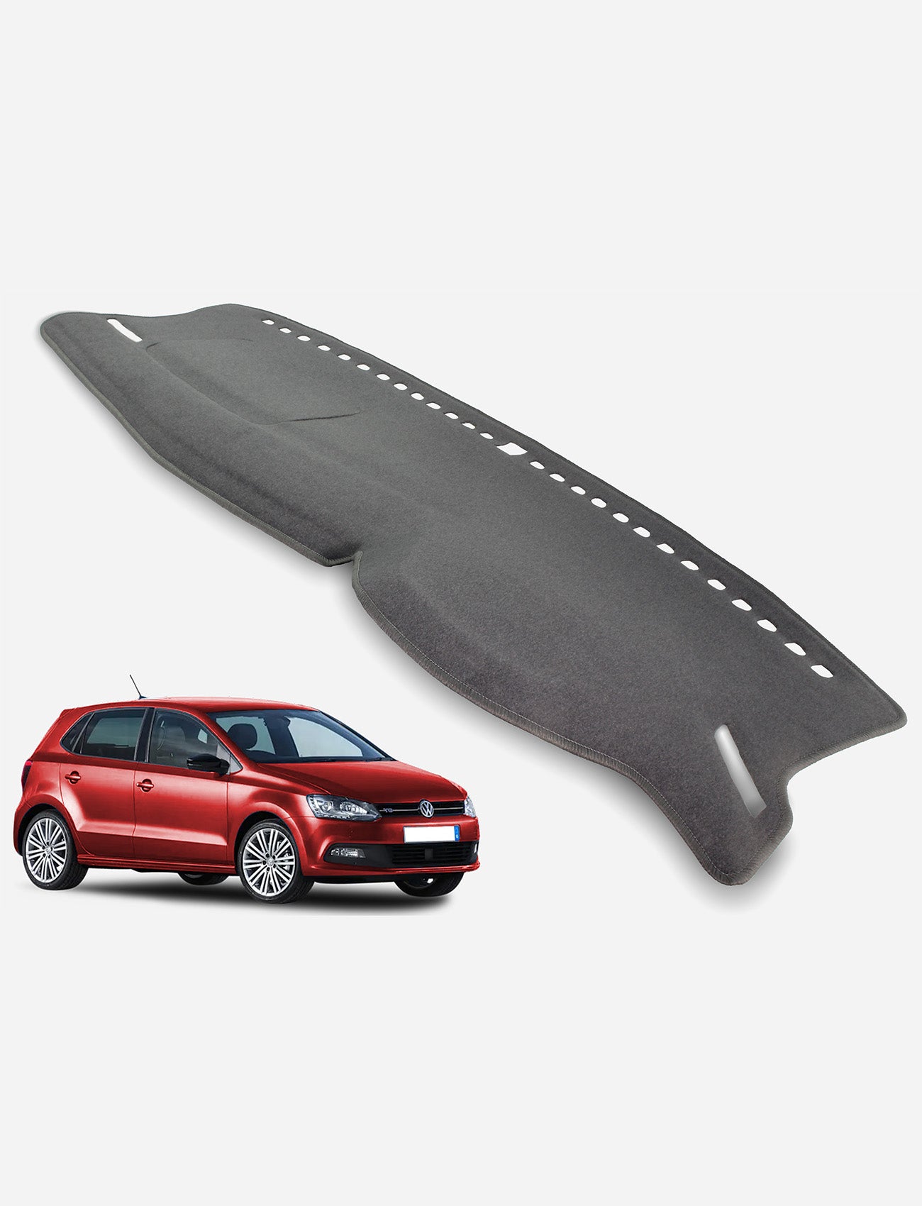 A Sunland-Protection Volkswagen Polo AW Dash Mat is shown above a red Volkswagen Polo hatchback on a white background, demonstrating how this dash mat helps protect your car’s resale value.