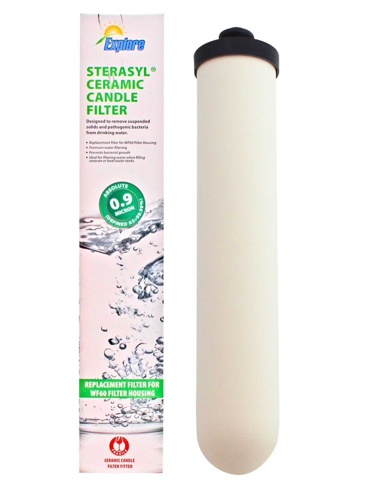 Image of the Sunland-Protection Sterasyl Ceramic Candle Filter beside its packaging, which features water droplets and highlights the filter's ability to remove bacteria and suspended solids; it's a replacement filter for the WG60 housing.