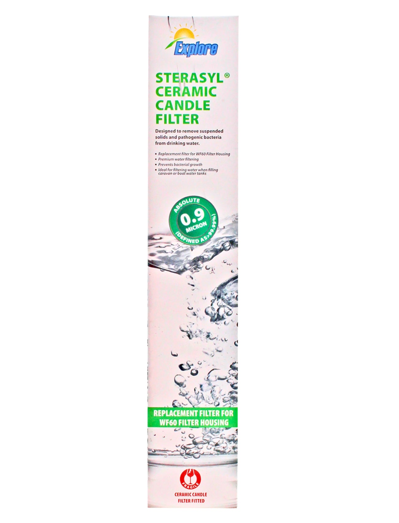 The tall white box of a Sterasyl Ceramic Candle Filter by Sunland-Protection features text on filtration, with a green circle highlighting "0.9 micron." At the bottom, there's a ceramic water filter logo and water splash imagery, underscoring this essential replacement filter.