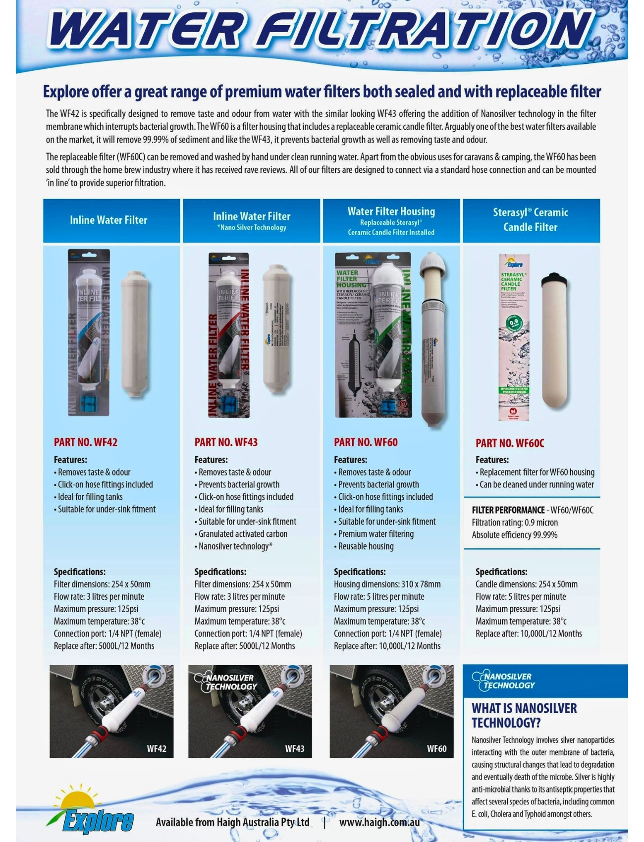 An informational poster on water filtration features images of filters, including the Sterasyl Ceramic Candle Filter by Sunland-Protection. It shares product details, specifications, and tips to help you select the right replacement filter for your needs.