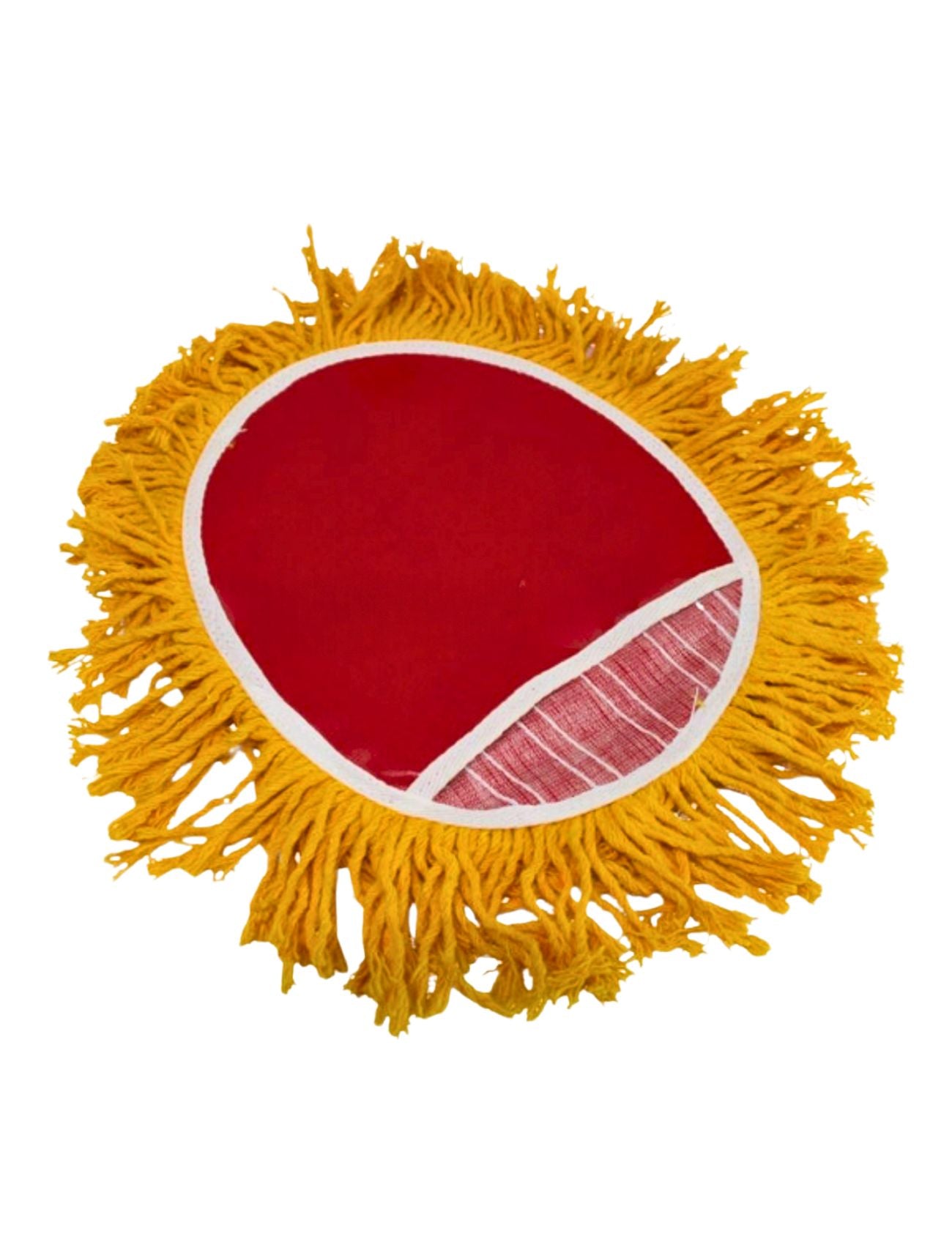 Experience versatile style with the Sunland-Protection Wash Mop- Glove, featuring a bright red center, intricate white patterns, and yellow tassels. Ideal for cozy corners and vibrant living spaces.