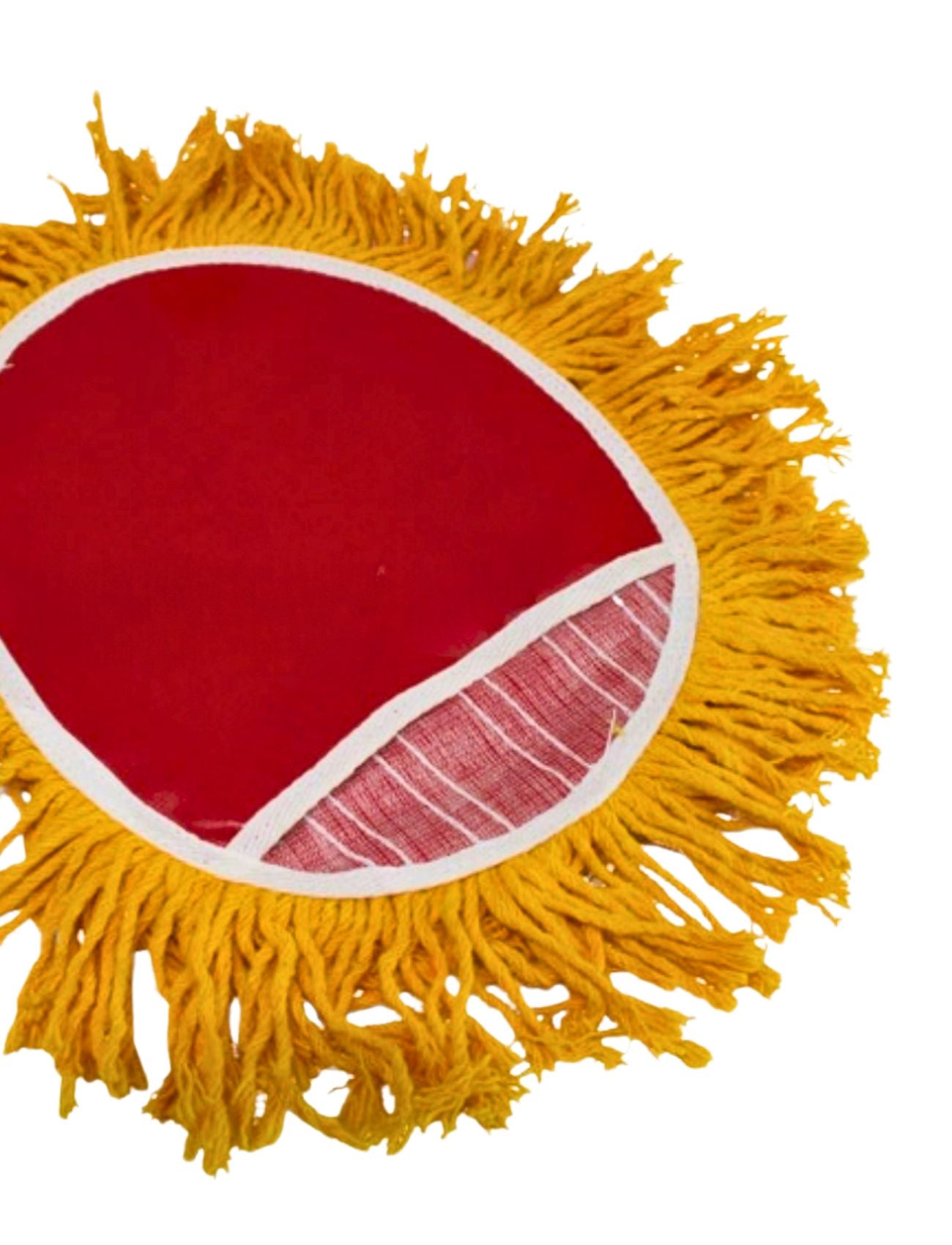 The Sunland-Protection Wash Mop-Glove is a vibrant, multi-purpose red circular cloth with an orange-yellow fringe like a lion's mane, featuring a white-trimmed section adorned with a red and white striped pattern.