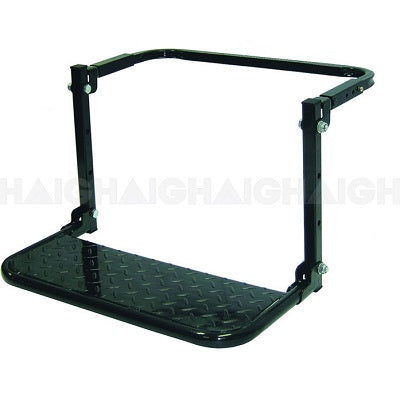 The Mean Mother 4x4 Wheel Step, by Mean Mother, is a black, metal foldable truck step featuring a textured, non-slip surface. It is designed for mounting on a vehicle to provide easy access and is perfect as an adjustable step for vehicles or 4WD roof cleaning. The sturdy frame includes bolts for secure attachment. The product image features a plain white background.