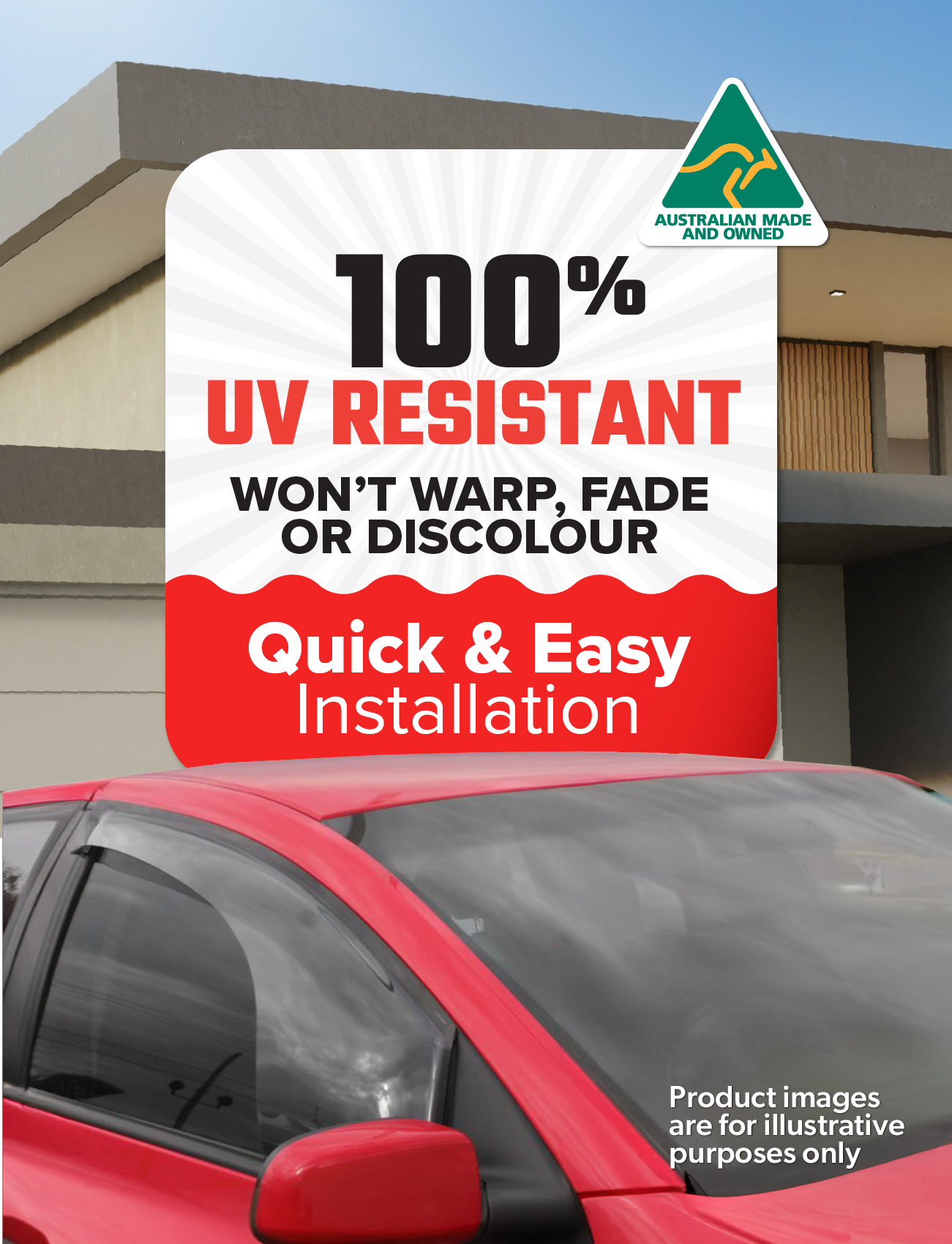 Image of a brochure featuring Sunland Protective Plastics Weathershield Fullsize Light Tint. A sleek red Ford Focus with custom-moulded tinted windows is parked in front of a modern house. The text highlights 100% UV resistance, quick and easy installation, and notes it's Australian made and owned.