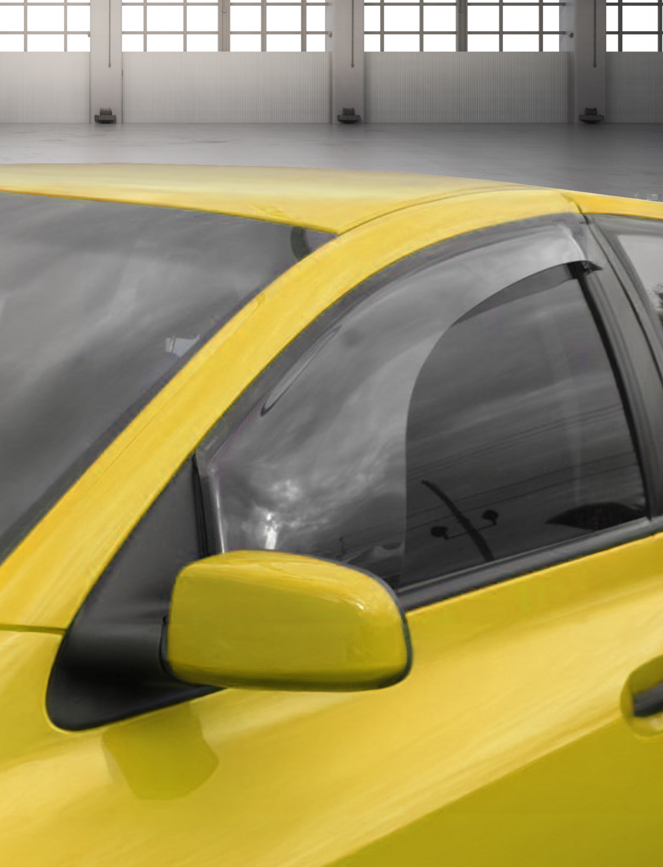 A close-up of a Mitsubishi Lancer CH with Sunland Protective Plastics Weathershield Fullsize Light Tint reveals its yellow body, black trim, and custom-moulded weathershields. Indoors, reflections off the windshield and side window display overhead windows and a cloudy sky. The UV stable acrylic finish is evident on the side mirror and door.