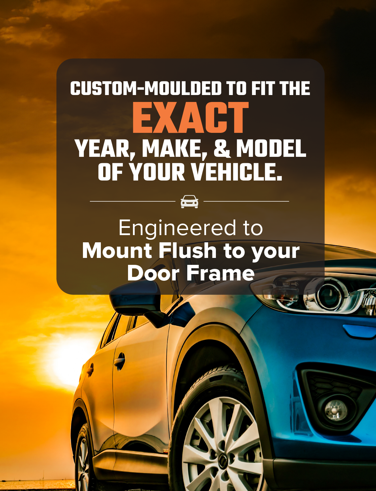 A Ford Territory SX/SY MkI & II SUV against a stunning sunset showcases "Sunland Protective Plastics Weathershield Slimline Driver, Dark Tint," custom-moulded to fit specific models and engineered with UV stable acrylic for flush mounting.