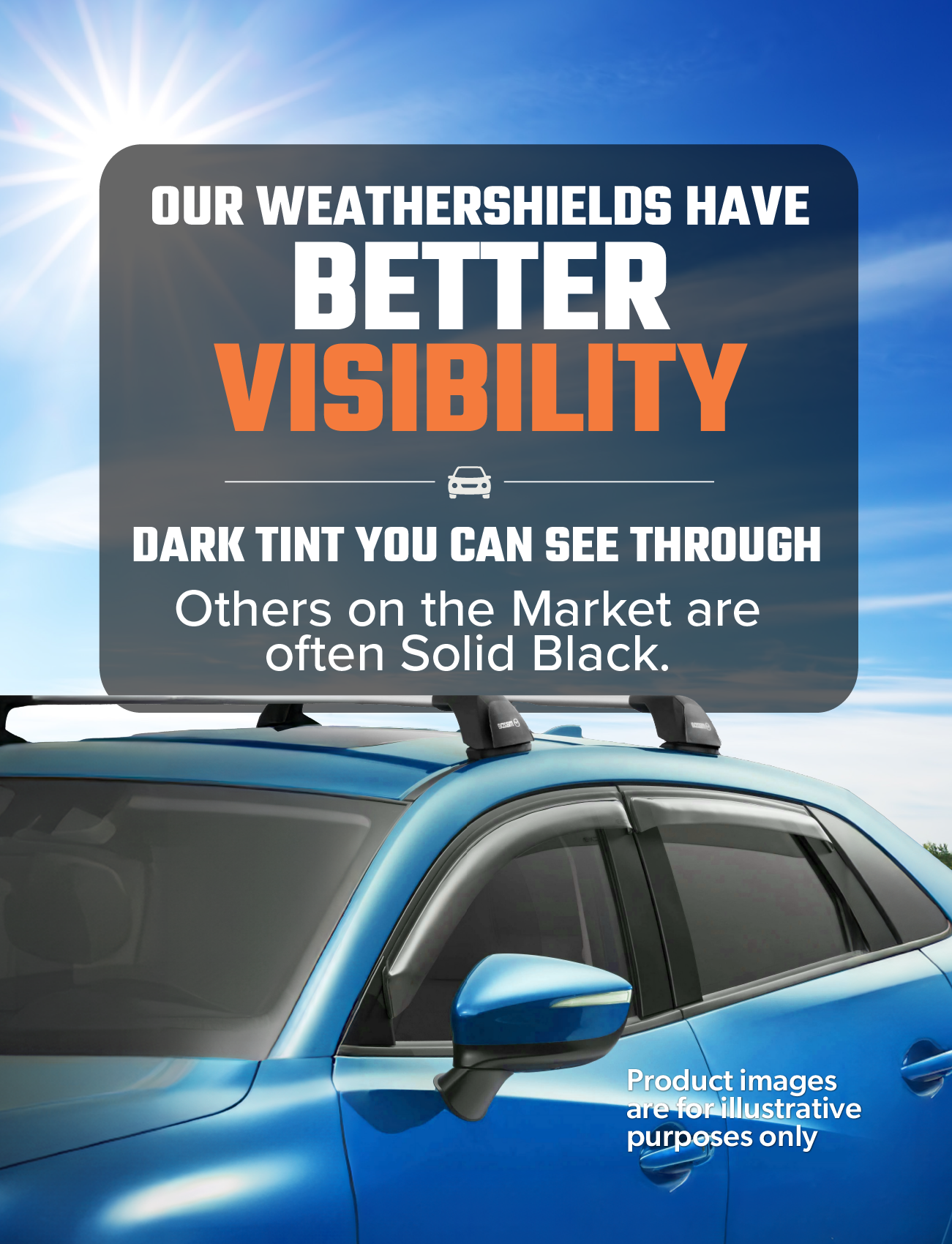 A blue Toyota Rav4 with Sunland Protective Plastics Weathershield Slimline (dark tint) is parked under a blue sky. Text: “Our UV-stable weathershields offer clear visibility—dark tint you can see through, unlike many solid black options.”.