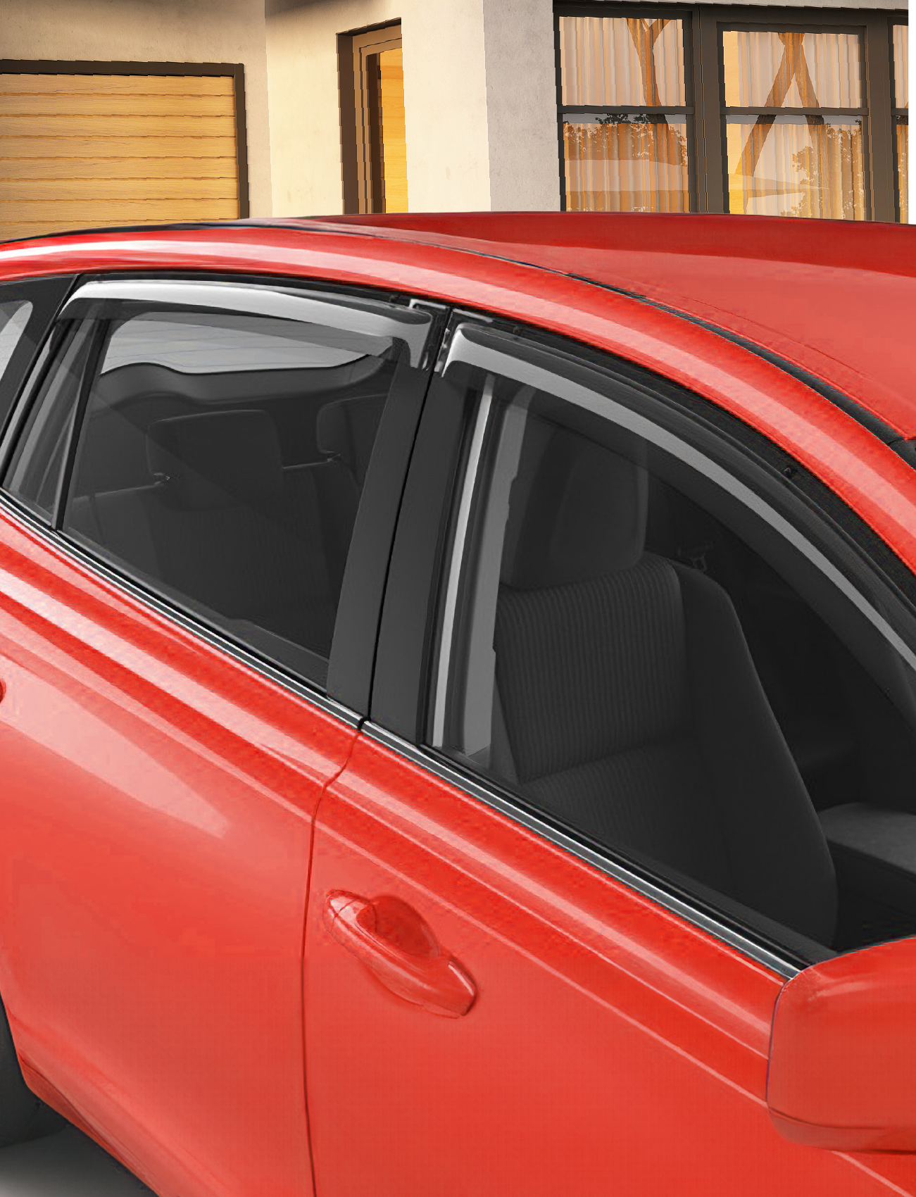 A close-up shows a red car's side window and door handle near a beige building. The window displays Sunland Protective Plastics' Weathershield Slimline Rear Driver, dark tint for Mitsubishi Triton MQ Double Cab (04/2015-on), made from UV stable acrylic for lasting clarity.