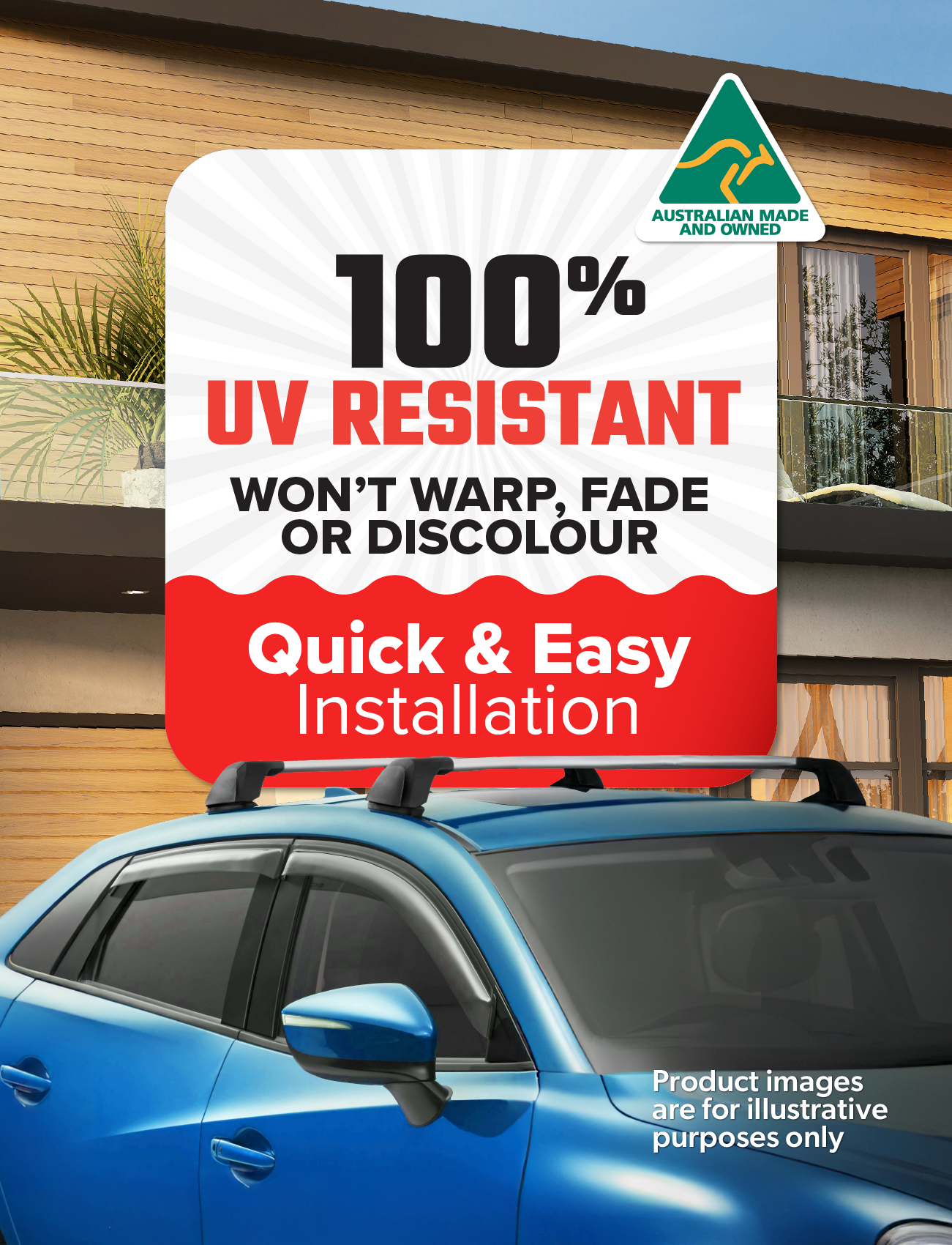 A promo image of a house and blue car shows custom-moulded Sunland Protective Plastics Weathershield with "100% UV Resistant, Won't Warp, Fade or Discolour, Quick & Easy Installation" alongside an Australian Made and Owned logo in the top right corner.