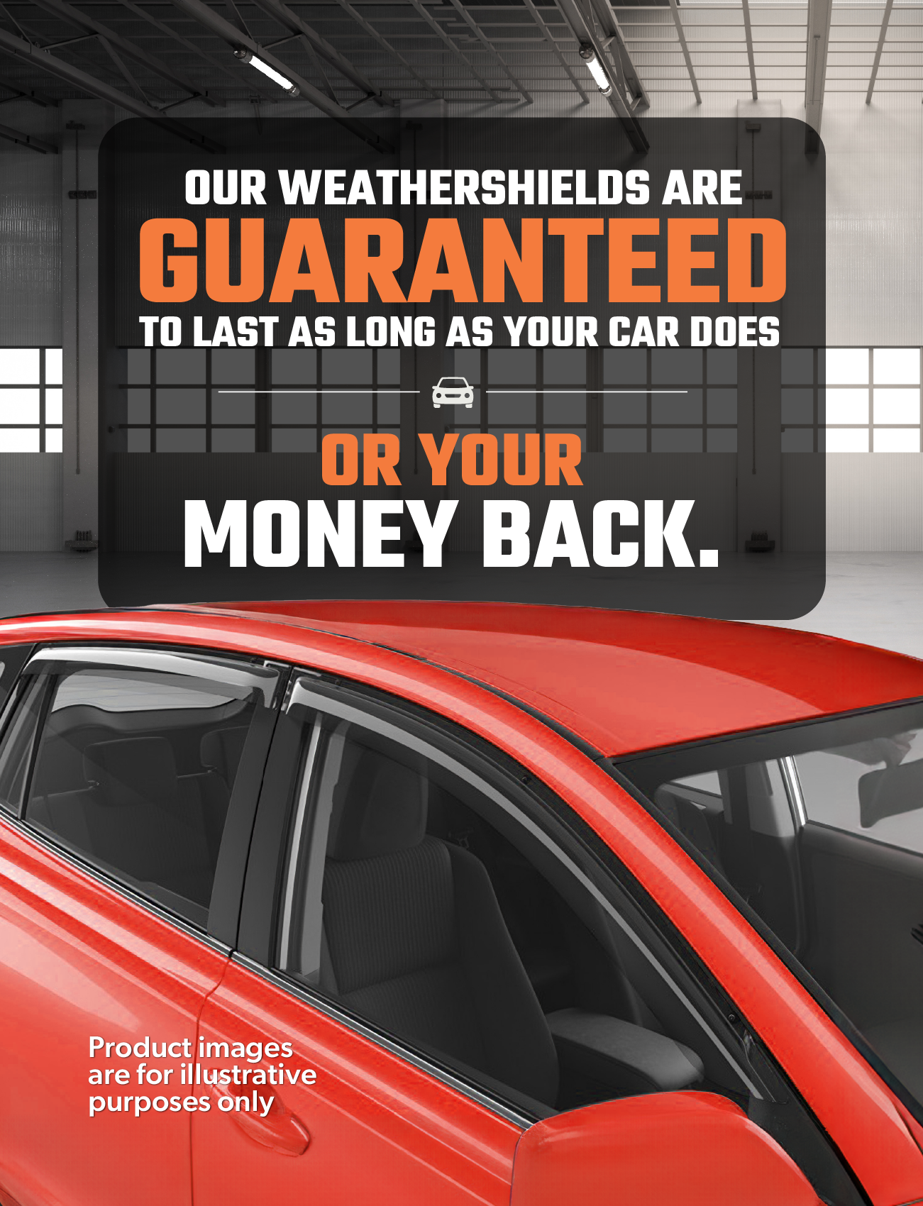 A Mitsubishi Triton with a Sunland Protective Plastics Slimline Rear Driver Weathershield is parked in a spacious garage. Text reads: "Sunland weathershields last as long as your car or your money back." Images are illustrative only.