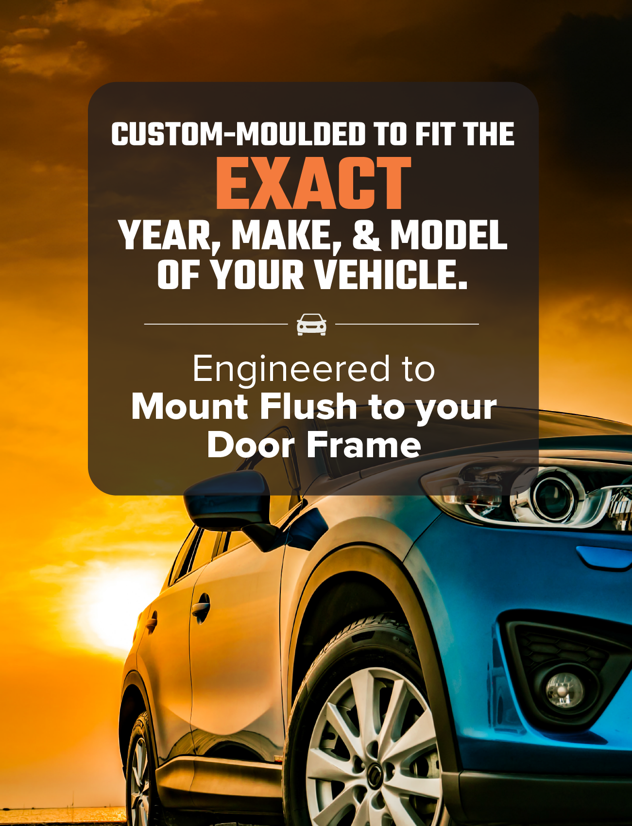 A blue car is parked at sunset, highlighting the front side. Text overlay reads: "Sunland Protective Plastics' Slimline Dark Tint Weathershields for Mitsubishi Triton MQ (04/2015-On) are custom-moulded from UV stable acrylic to perfectly fit and flush mount to your vehicle's door frame.”.