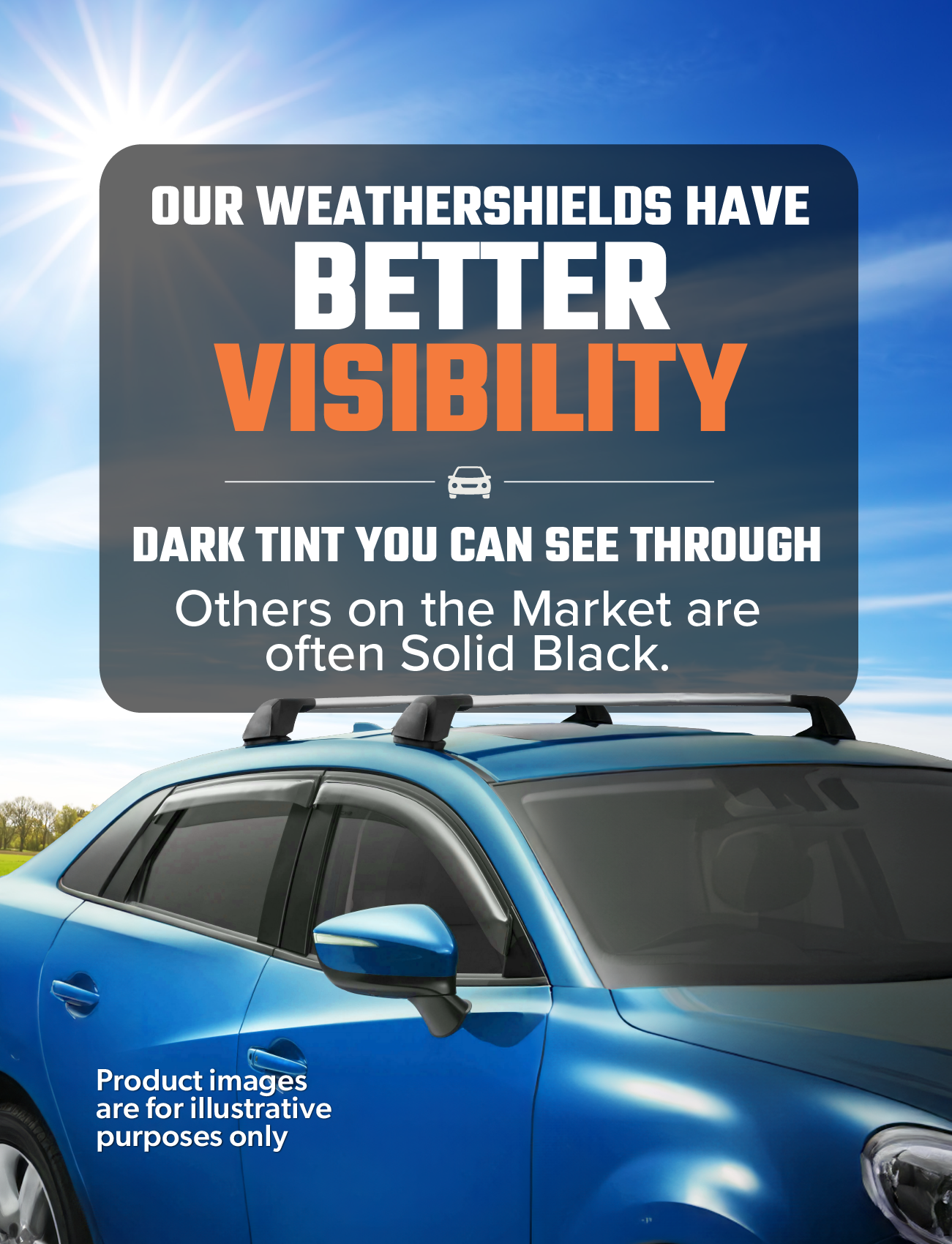 A Mitsubishi Triton MQ Double Cab with roof racks showcases Sunland Protective Plastics' custom-moulded, dark tint weathershields under a bright sky. A sign reads, "OUR WEATHERSHIELDS OFFER BETTER VISIBILITY." Made from UV-stable acrylic, images are for illustrative purposes only.
