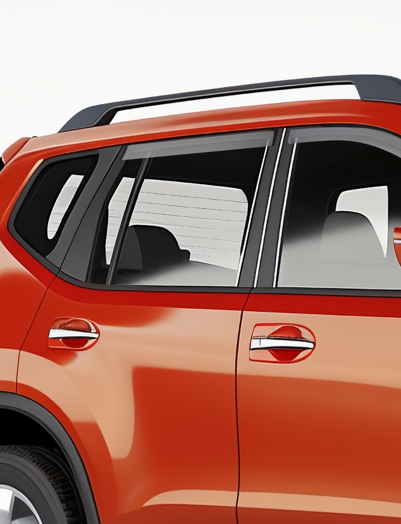 A close-up of a bright orange SUV reveals the rear side window, door handle, and roof rail, featuring sleek black trim. It has Sunland Protective Plastics' T306SLRP weathershields with a light tint for Toyota Landcruiser 70 Series Dual Cab, enhancing durability with UV-stable acrylic.