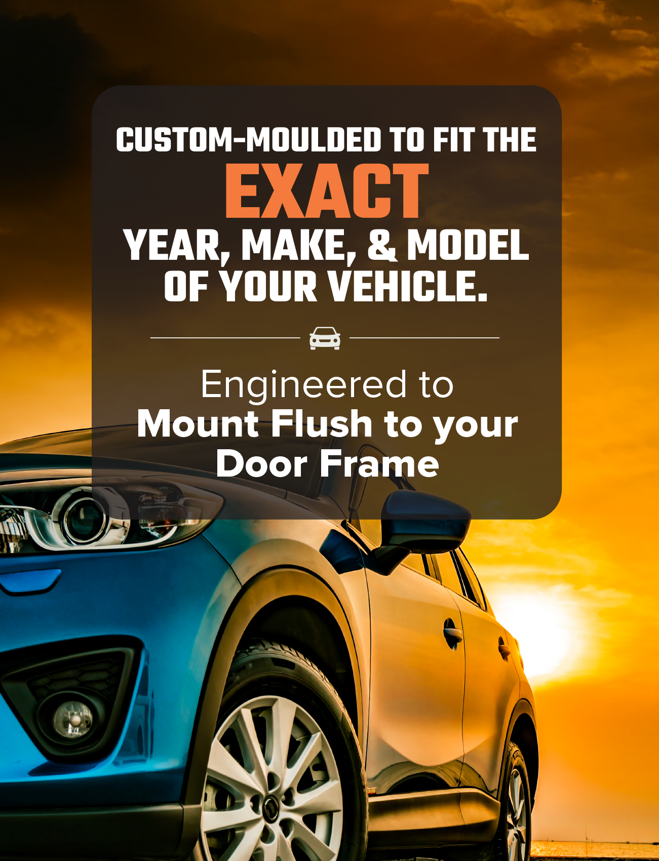 A blue SUV is parked in front of a vibrant sunset. Text reads: "Sunland Protective Plastics offers custom-moulded weathershields in UV stable acrylic, designed for a perfect fit on your vehicle. Engineered to mount flush to the door frame.