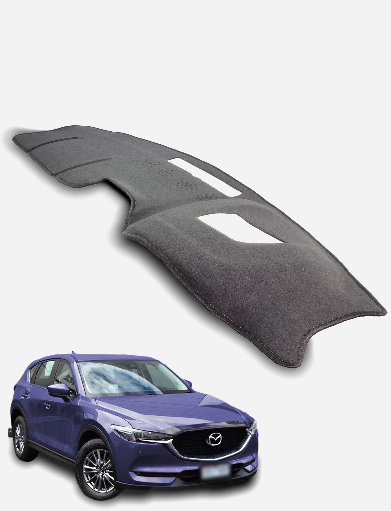A Sunland-Protection Mazda CX-5 KF Dash Mat in black is displayed above a parked purple Mazda CX-5 SUV on a white background, showing its custom fit for this vehicle’s dashboard.