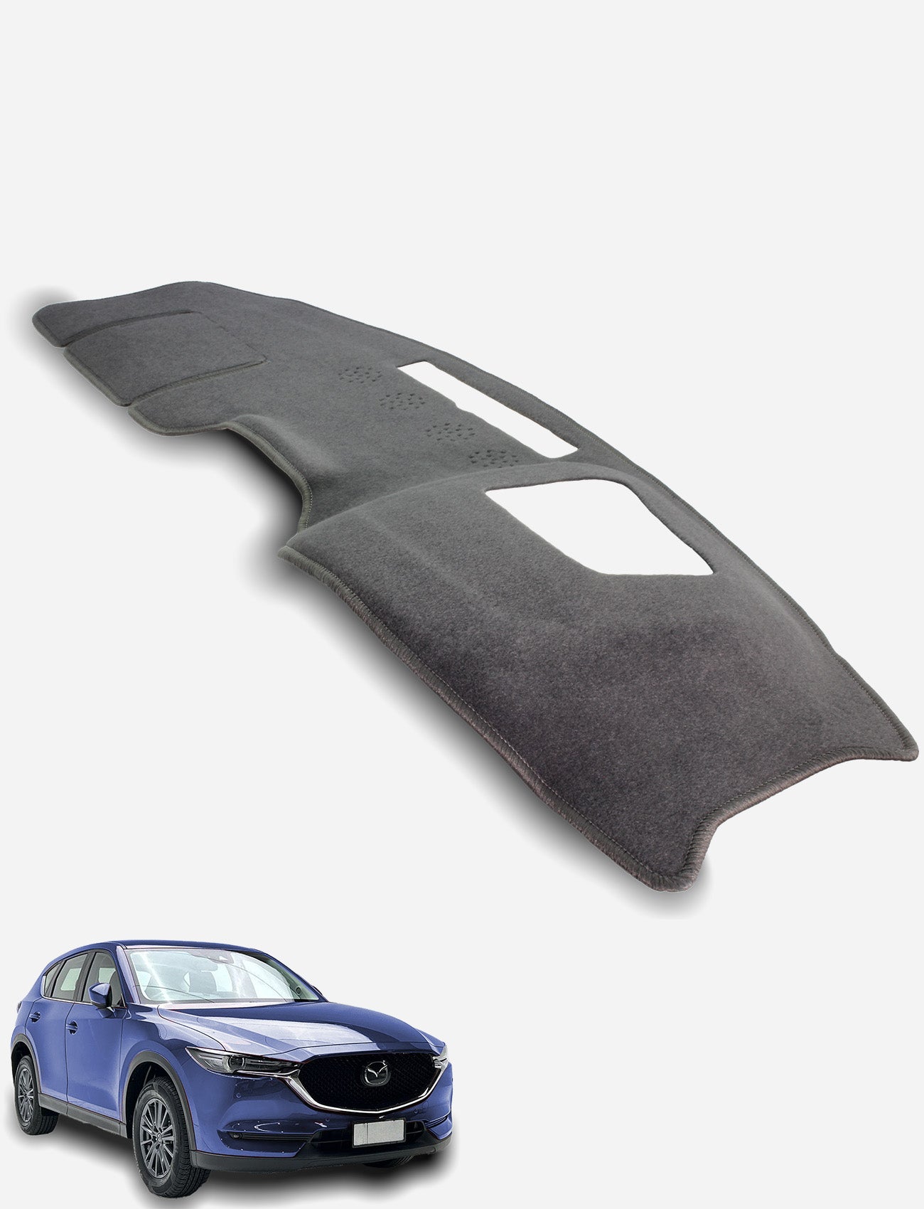 The Sunland-Protection Mazda CX-5 KF Dash Mat in gray is shown above a blue Mazda CX-5 SUV on a white background. This dash mat features vent cutouts, fits the dashboard perfectly, and provides sun protection.