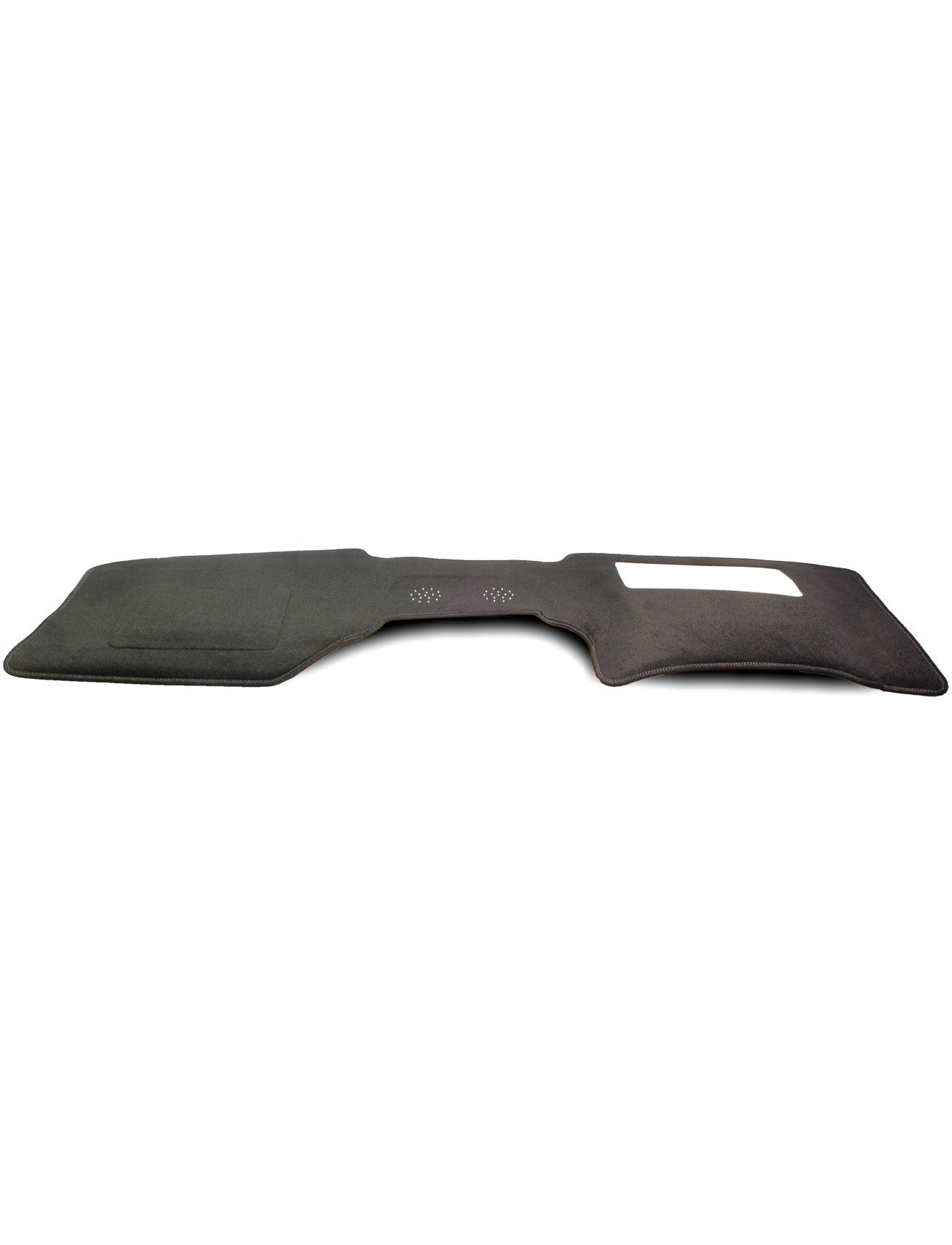 The Mazda CX-80 KL Dash Mat by Sunland-Protection is a sleek, black rectangular mat designed for vehicle dashboards. It features a solar panel-like design and slightly raised edges with a cutout for air circulation, reducing glare while preserving your car's resale value.