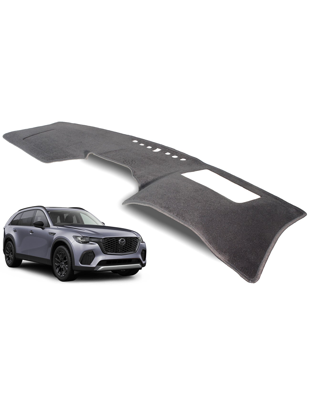 In the lower-left corner is a gray SUV, with the Sunland-Protection Mazda CX-70 KJ Dash Mat, a black dash mat with cutouts designed for dash protection and temperature control, gracefully floating above it.